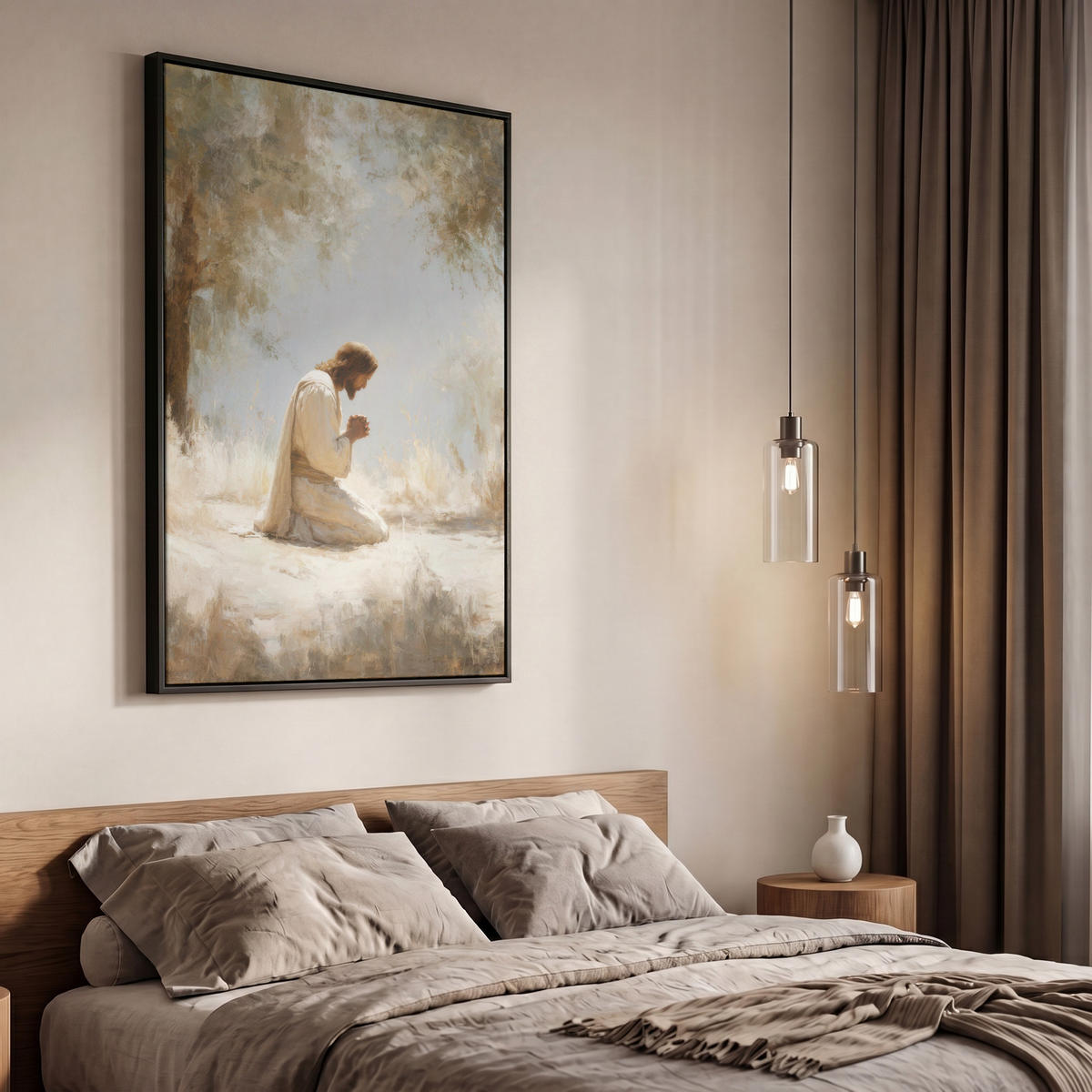 LEINWAND Bilder mit Rahmen - Jesus - Kniend - Waldlandschaft - Betend - 60x90 - Beige, Textil (60/90cm) - MuchoWow