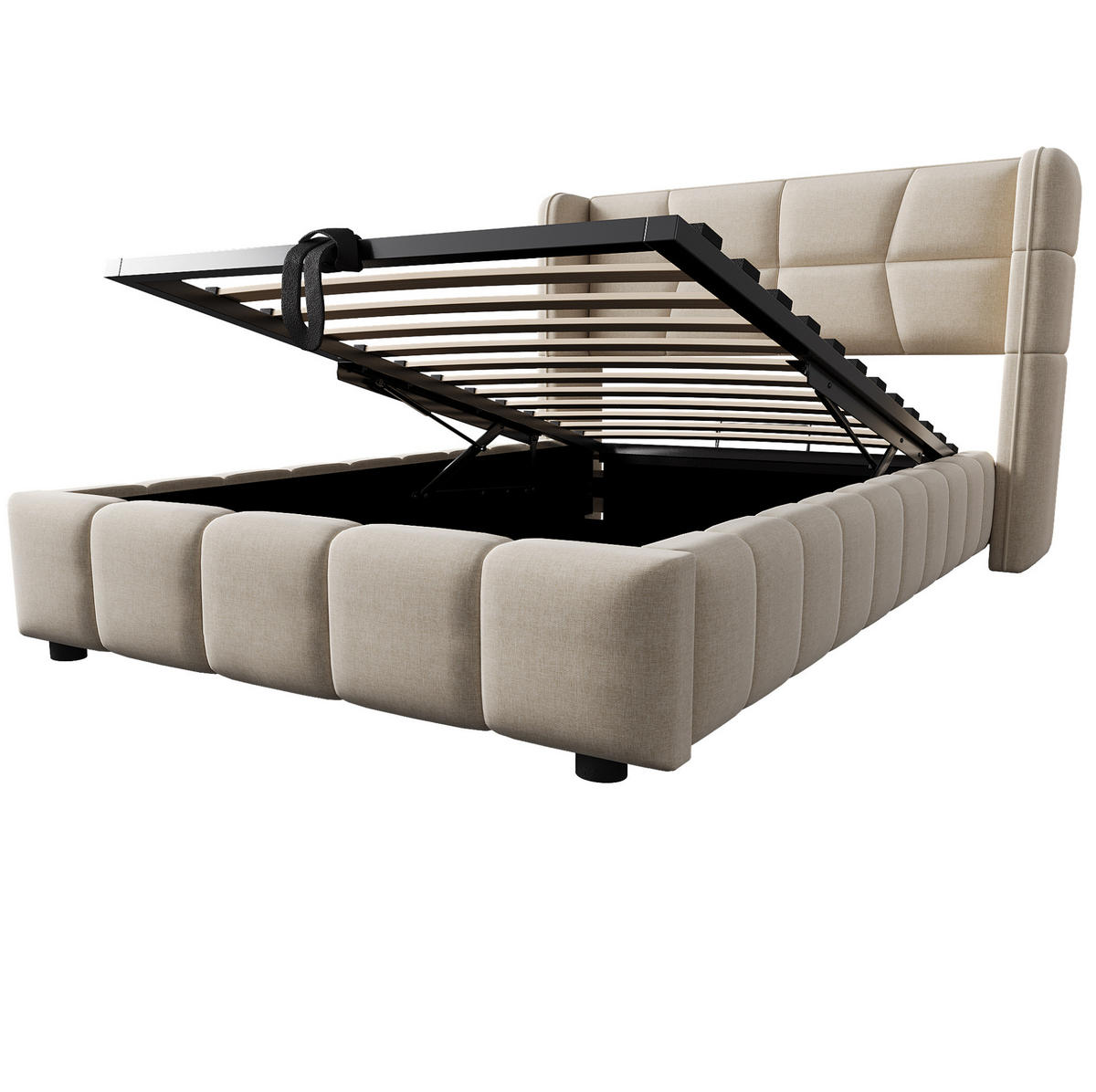 POLSTERBETT 90/200 cm beige aus Stoff mit Stauraum und Hebemechanismus - Beige, Textil (90/200cm) - OKWISH