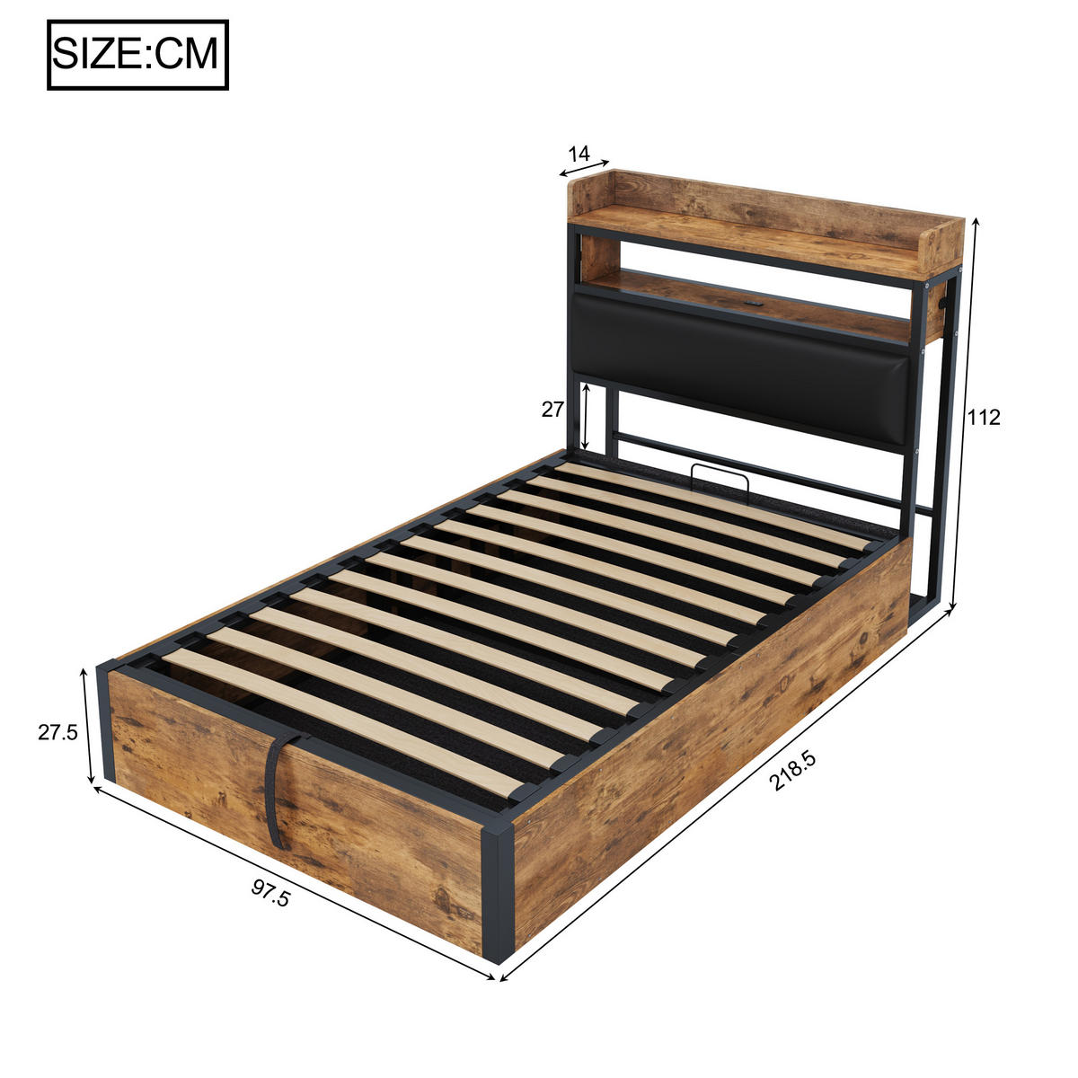 POLSTERBETT 90/200 cm in Schwarz mit Stauraum, USB und Regal - Schwarz, Holzwerkstoff/Textil (90/200cm) - WISHDOR