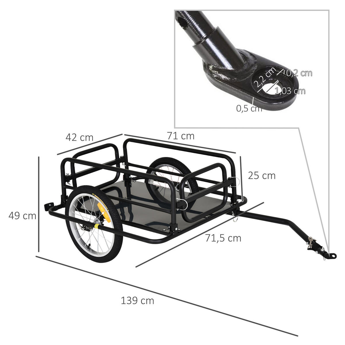 FAHRRADANHÄNGER, Stahl, Schwarz, 139L x 71,5B x 49H cm - Schwarz, Metall (715/49/139cm) - HOMCOM