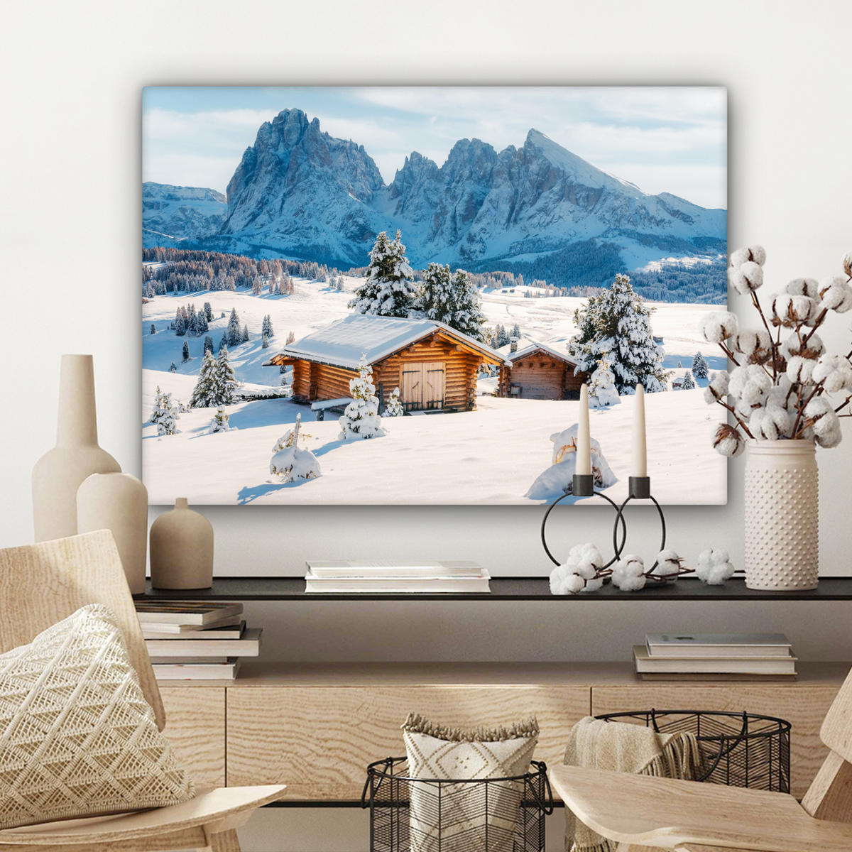 LEINWANDBILD Winter - Hütte - Berge - Aussicht - Schnee Wandbilder 80x60 cm - Eichefarben, Textil (80/60cm) - MuchoWow