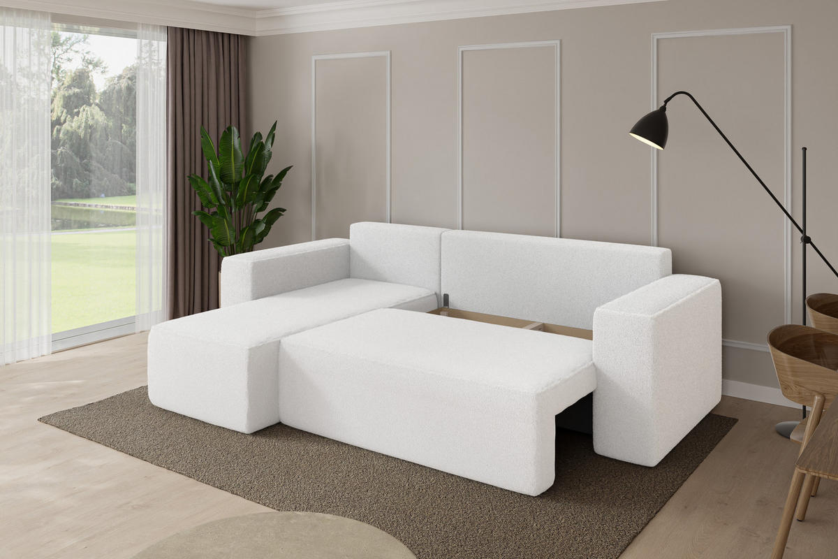 ROHOVÁ SEDAČKA s funkcí spaní, otoman vlevo SENO-L 249x139x85 bílá bouclé - bílá/černá, kompozitní dřevo/textil (249/139cm) - ALTDECOR