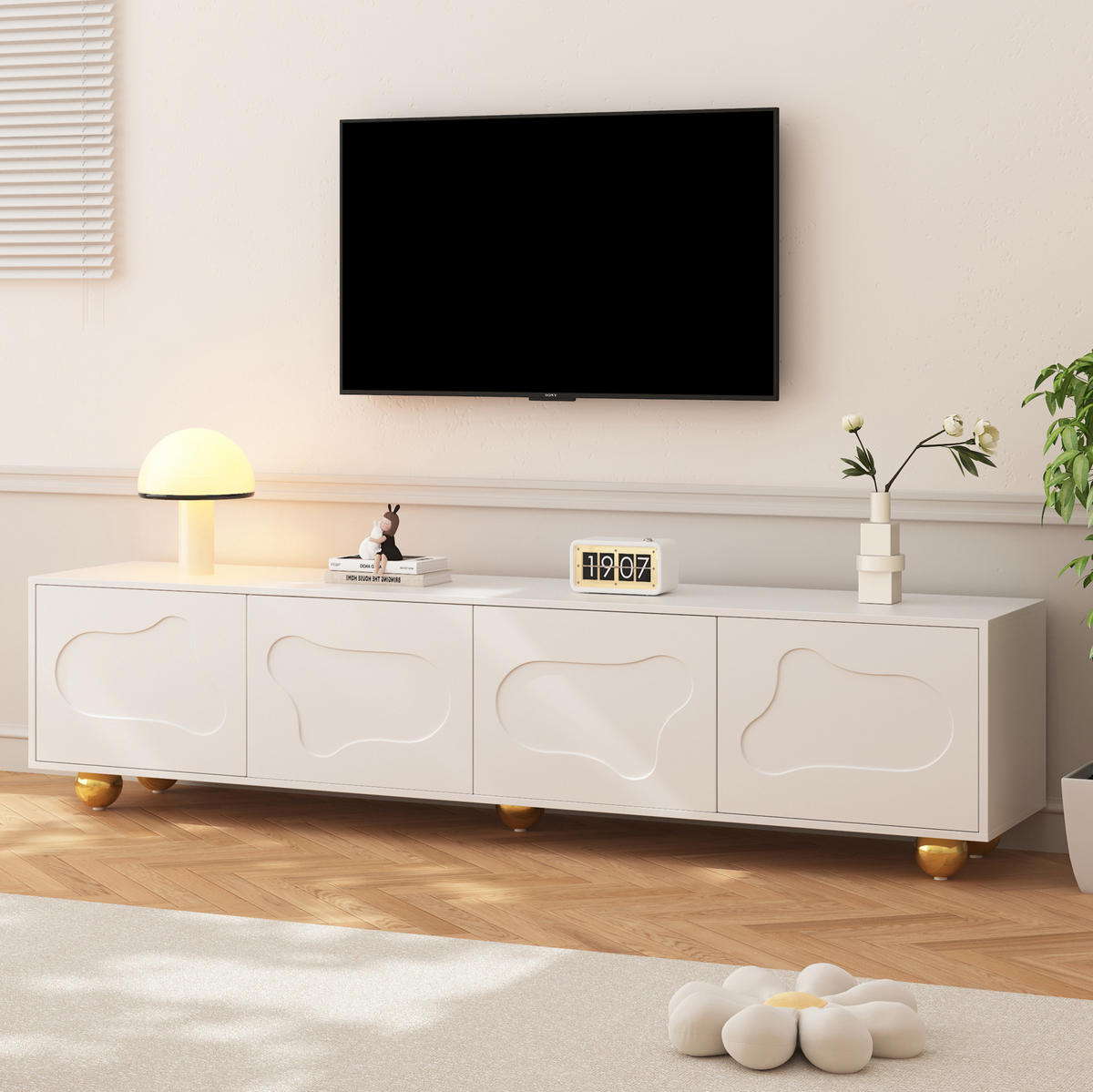TV-SCHRANK aus Spanplatte 180x40x45 cm Weiß mit 4 Türen, 2 Schränken und Wolkenform - Weiß, Holzwerkstoff (180/45/40cm) - Modfu