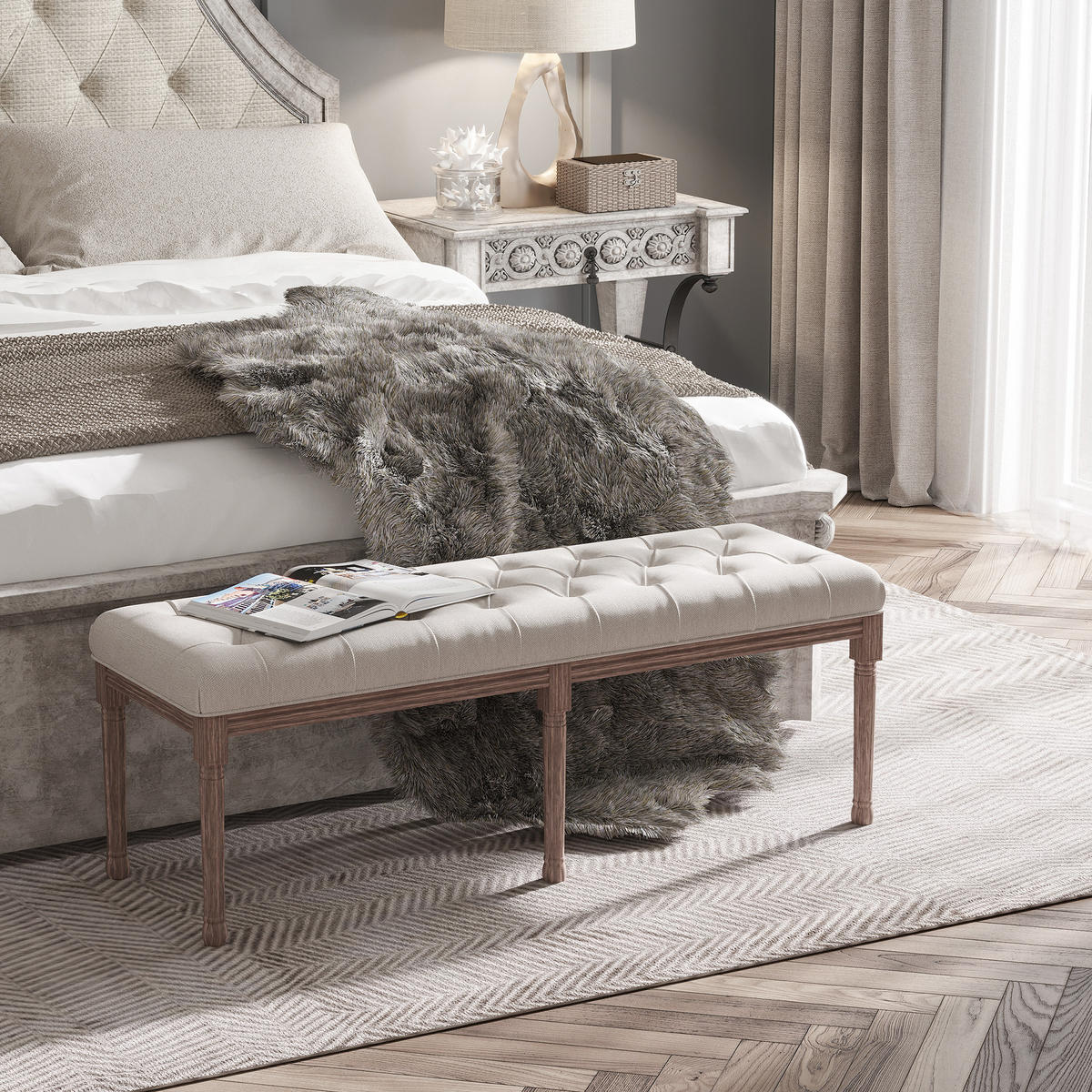 SITZBANK Polsterbank Sitzhocker Vintage Retro Leinen Sitz Couch Sofa - Beige, Kunststoff (47/51/142cm) - HOMCOM