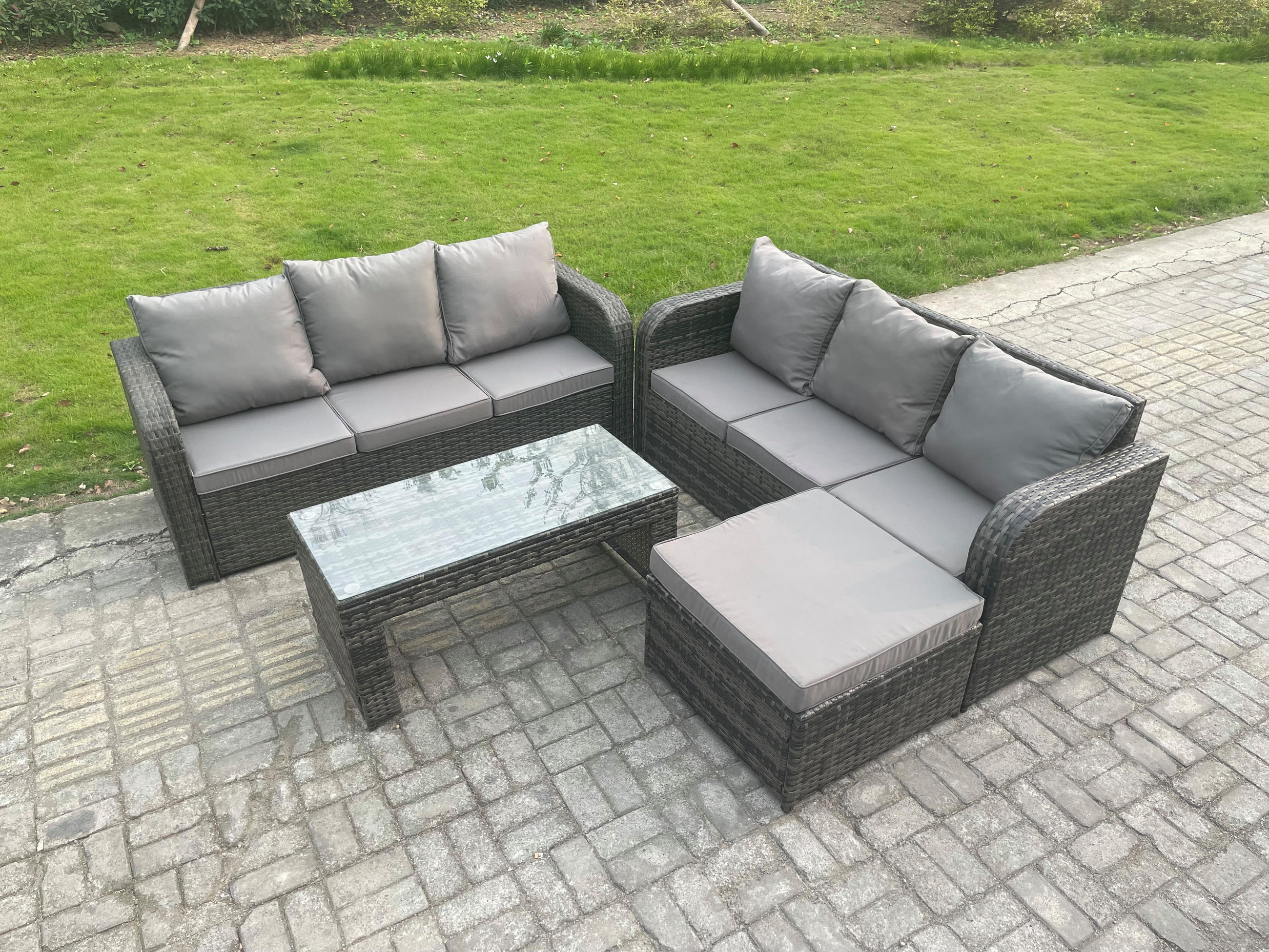 GARTENSOFA SET mit COUCHTISCH Polyrattan 7-Sitzer - Dunkelgrau/Grau, Glas/Kunststoff - Fimous