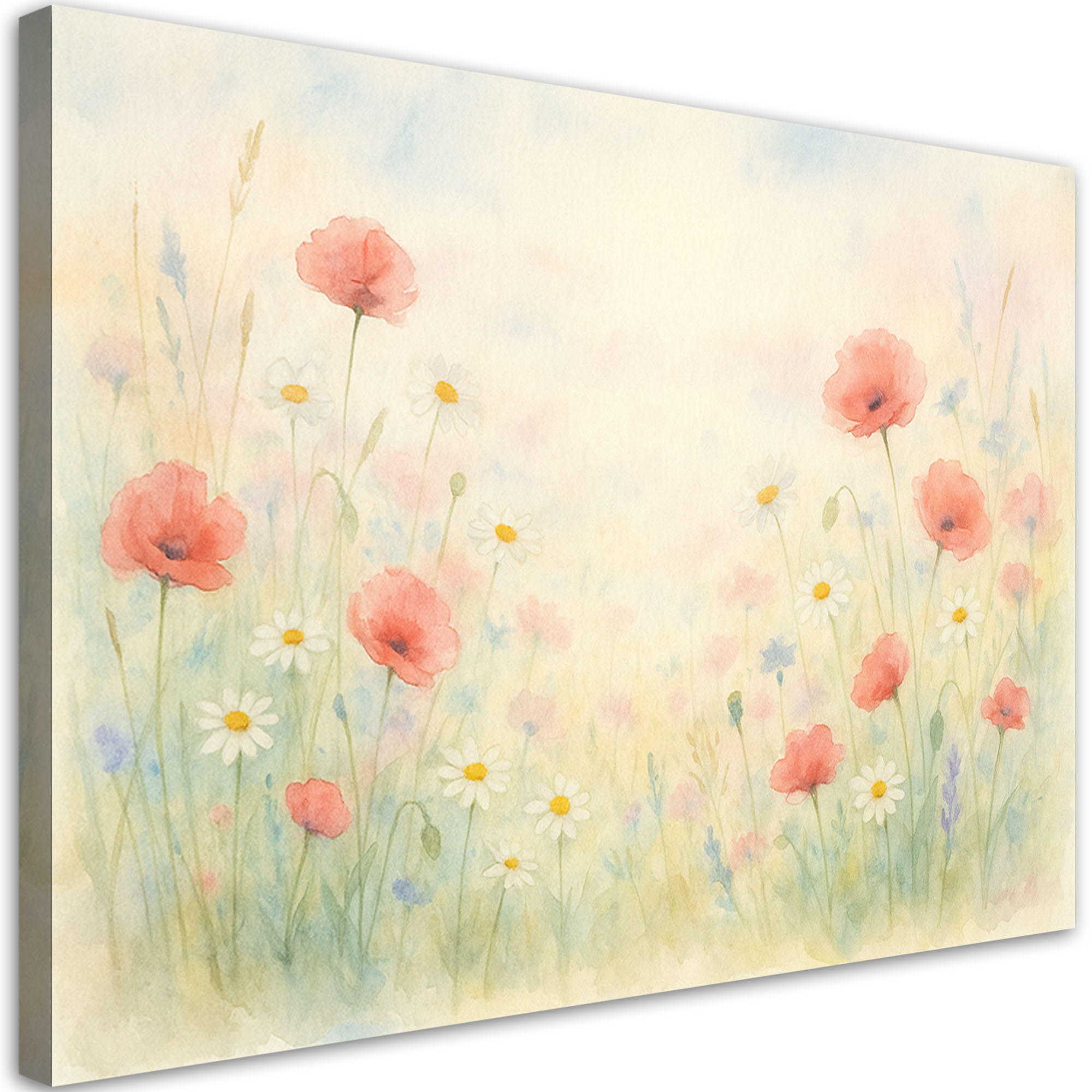 LEINWANDBILD Mohnblumen Wildblumen im Shabby Chic Stil 90x60cm - Beige, Textil (90/60cm) - Feeby