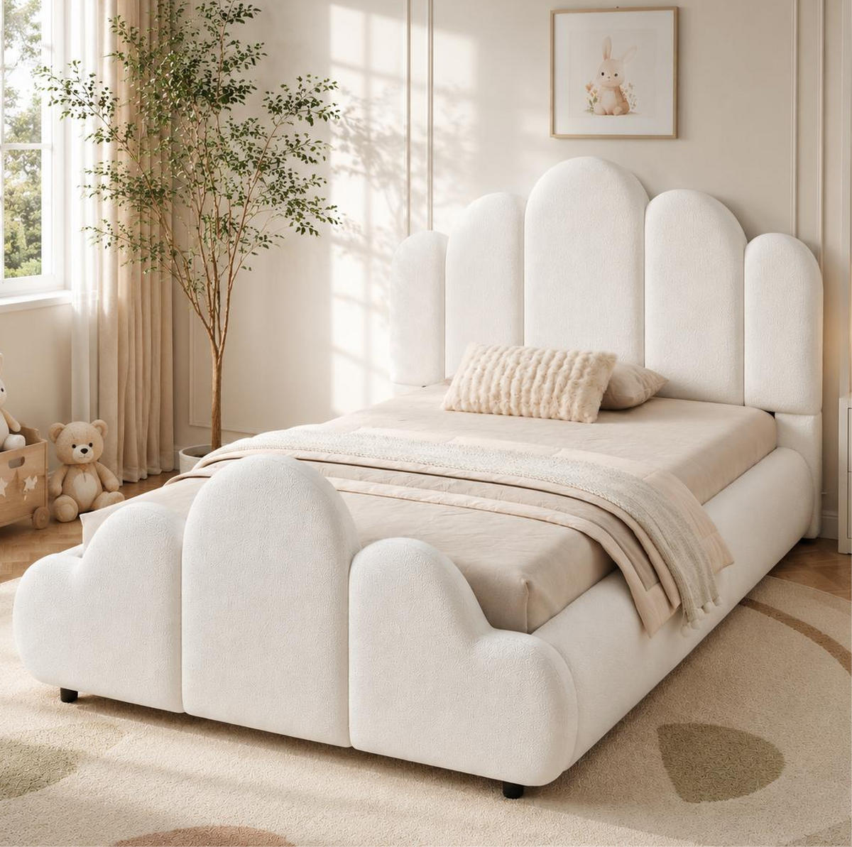 KINDER-POLSTERBETT 90x200 cm in Beige mit Bouclé-Bezug und Lattenrost - Beige, Textil (90/200cm) - IVMEU