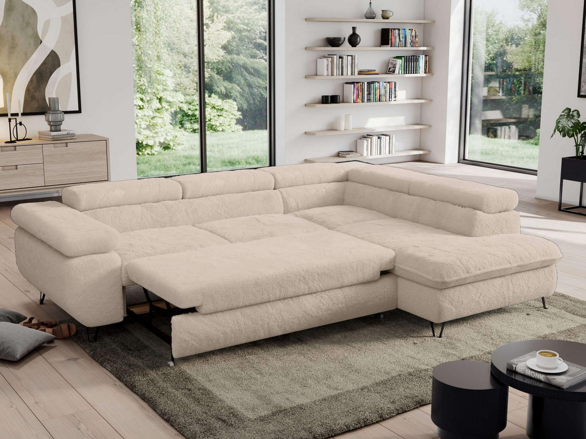 ECKSOFA PEDRO L Ecru Plüsch - Rechts Seite - Ecru/Schwarz, Textil/Metall (273/208cm) - MKS