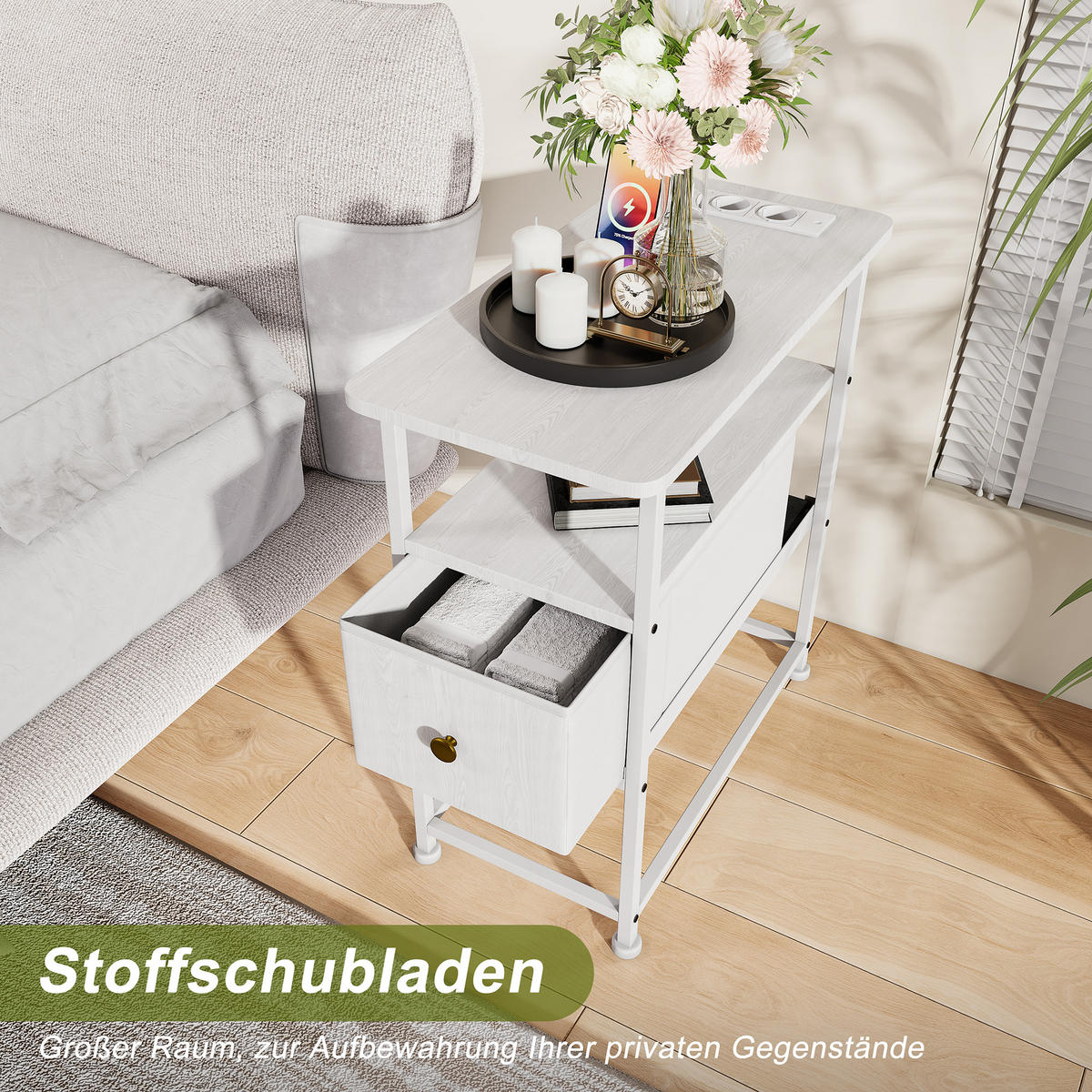 NACHTTISCH LED USB Schublade offene Fächer weiß - Weiß, Holz (60/62/30cm) - LEBENLANG