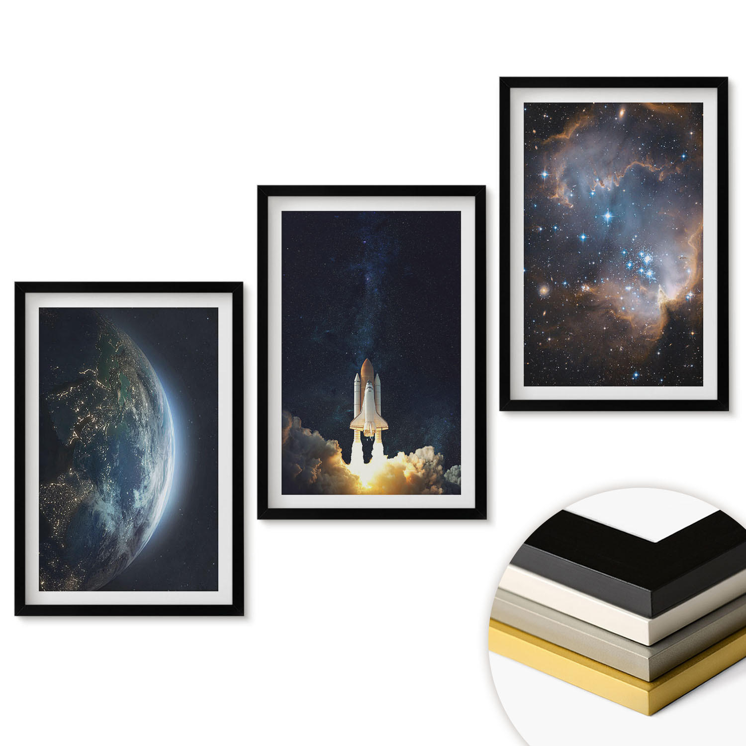 WANDBILDER 3er-Set - 40x60 cm Schwarzer Rahmen - Weltraum Erde Rakete Galaxie - Schwarz, Kunststoff (40/60cm) - ArtPrintCave