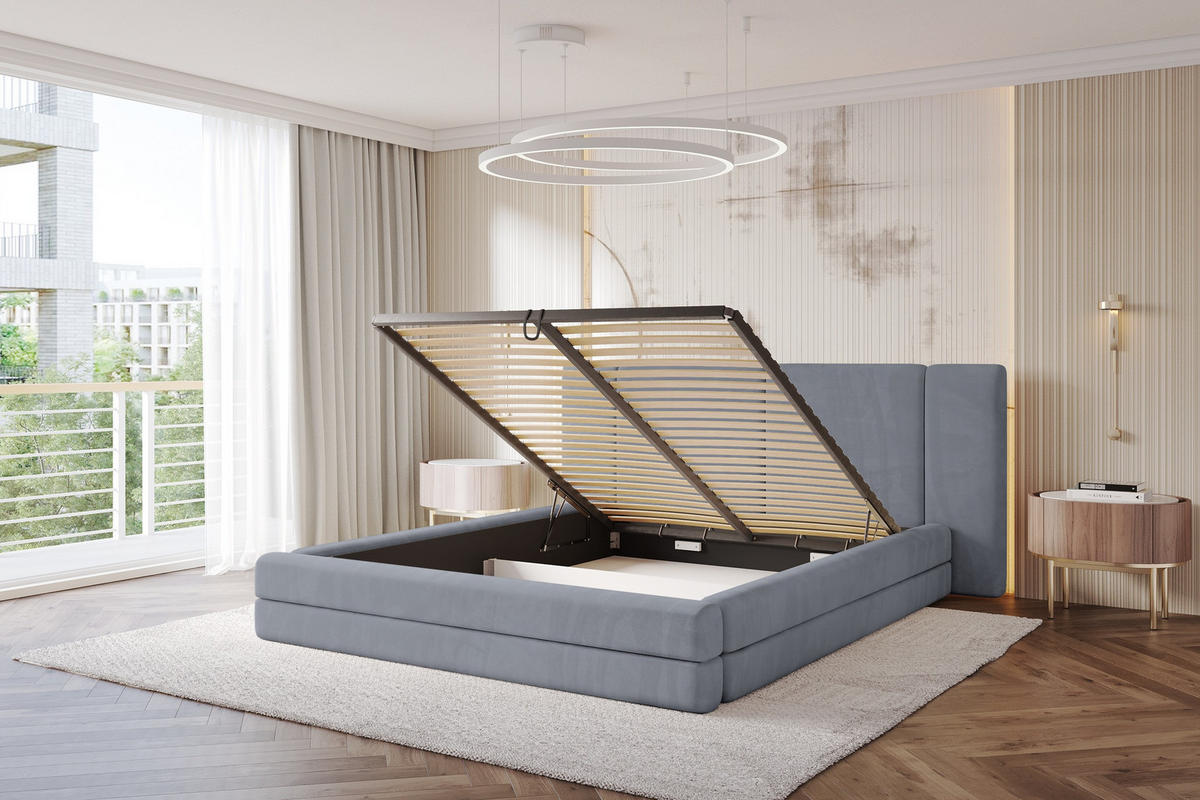 POLSTERBETT mit Bettkasten und Lattenrost, Bett mit Matratze H3/H4 - TEVO 200x200 Grau - Grau, Holzwerkstoff/Textil (200/200cm) - ALTDECOR
