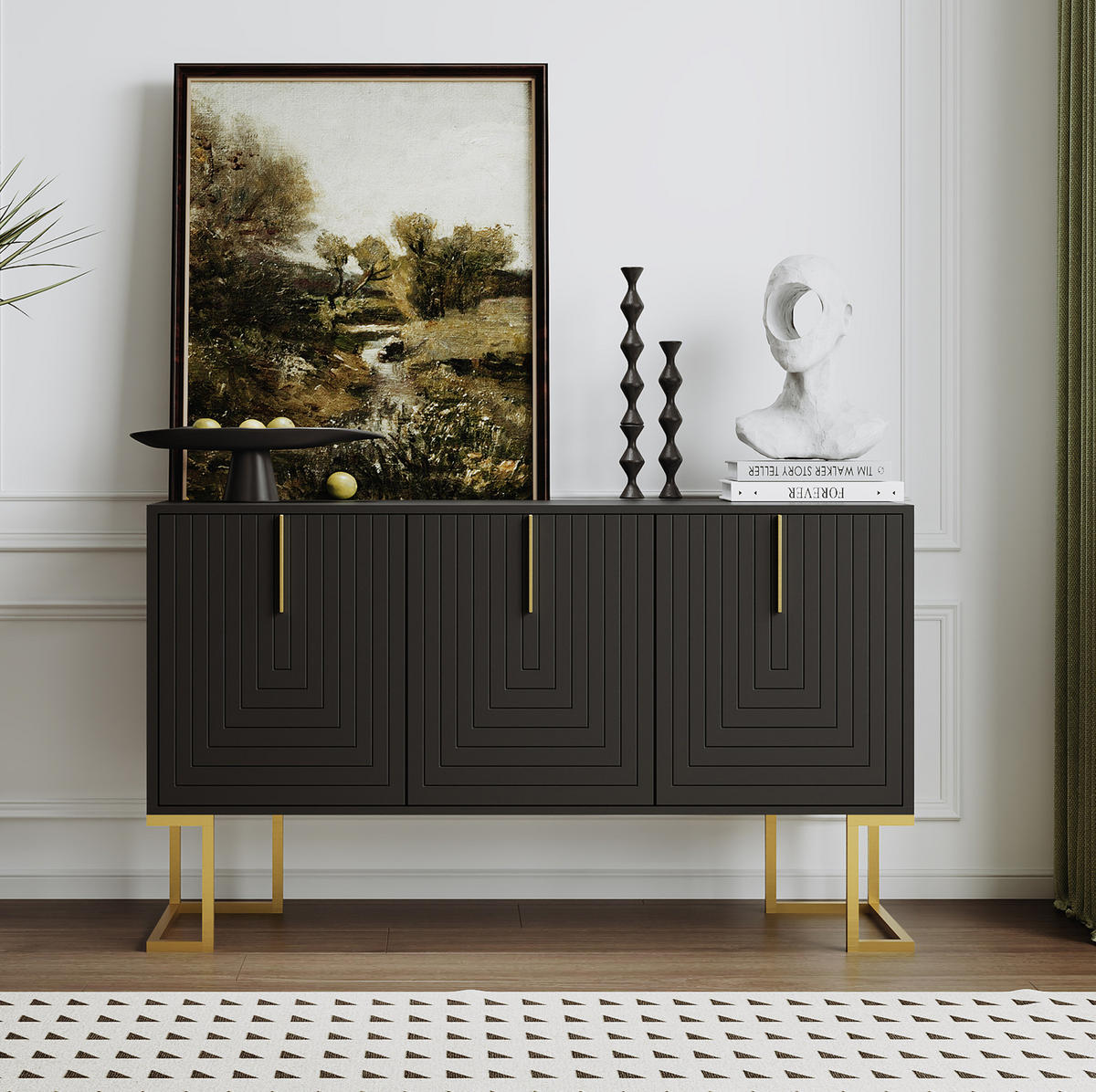 SIDEBOARD aus MDF 138x40x80 cm und Spanplatte Schwarz mit 3 Türen, verstellbaren Einlegeböden und Metallgestell - Schwarz, Holzwerkstoff (138/80.5/40cm) - IVMEU