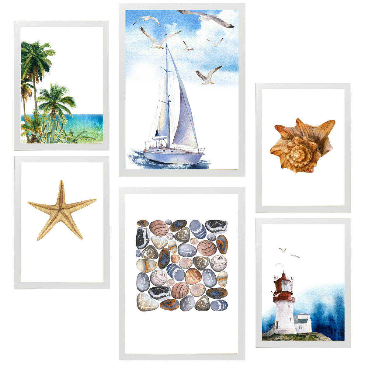POSTER Set Mit 6 Dekoratives, Blatt Mit Marineblauer A3 & A4 Weißer Rahmen - Weiß, Papier (29/3cm) - Nacnic