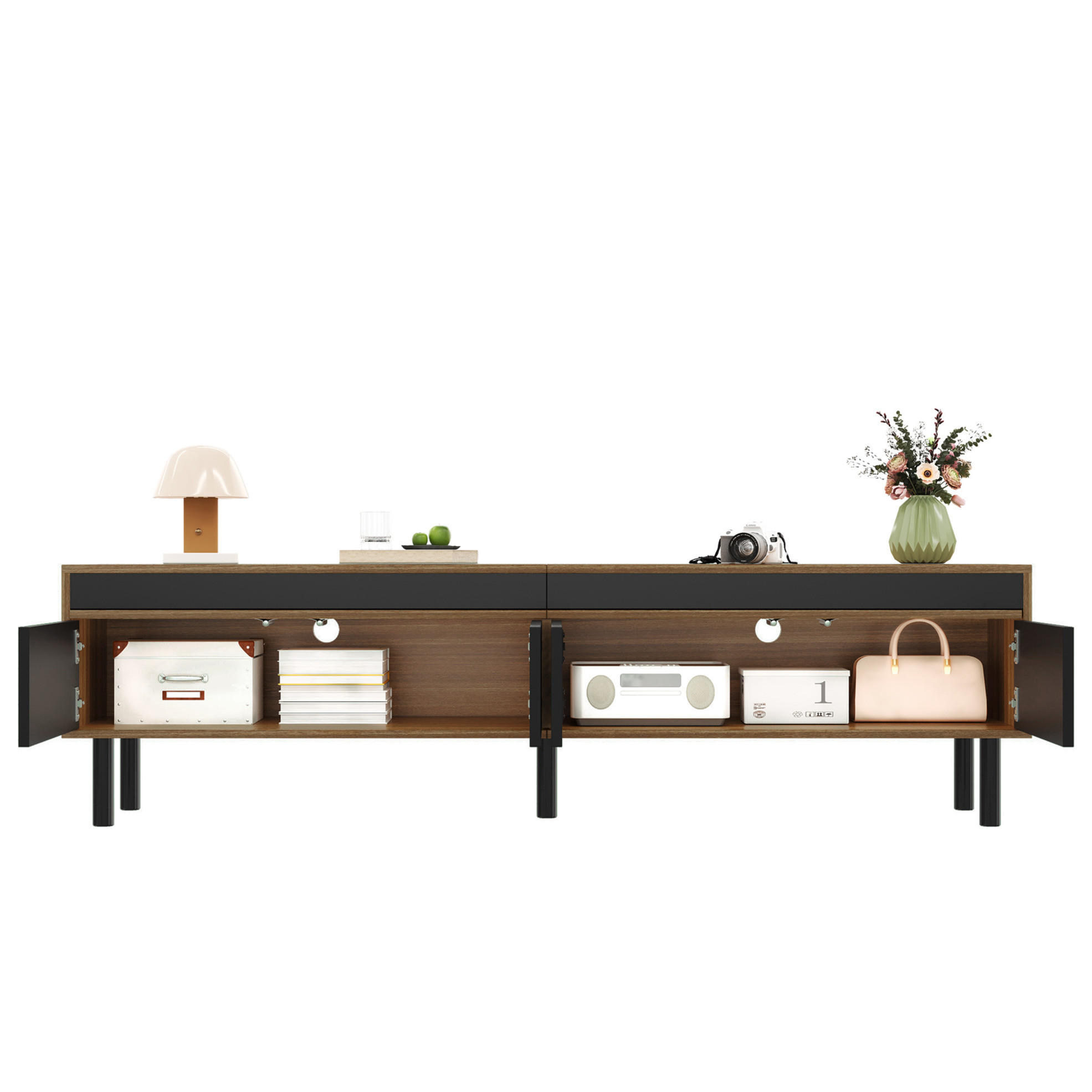 Modfu TV stolek z MDF a dřevotřísky 170x47,7x38 cm černý/přírodní se 4 dvířky, push-to-open a lamelovými čely