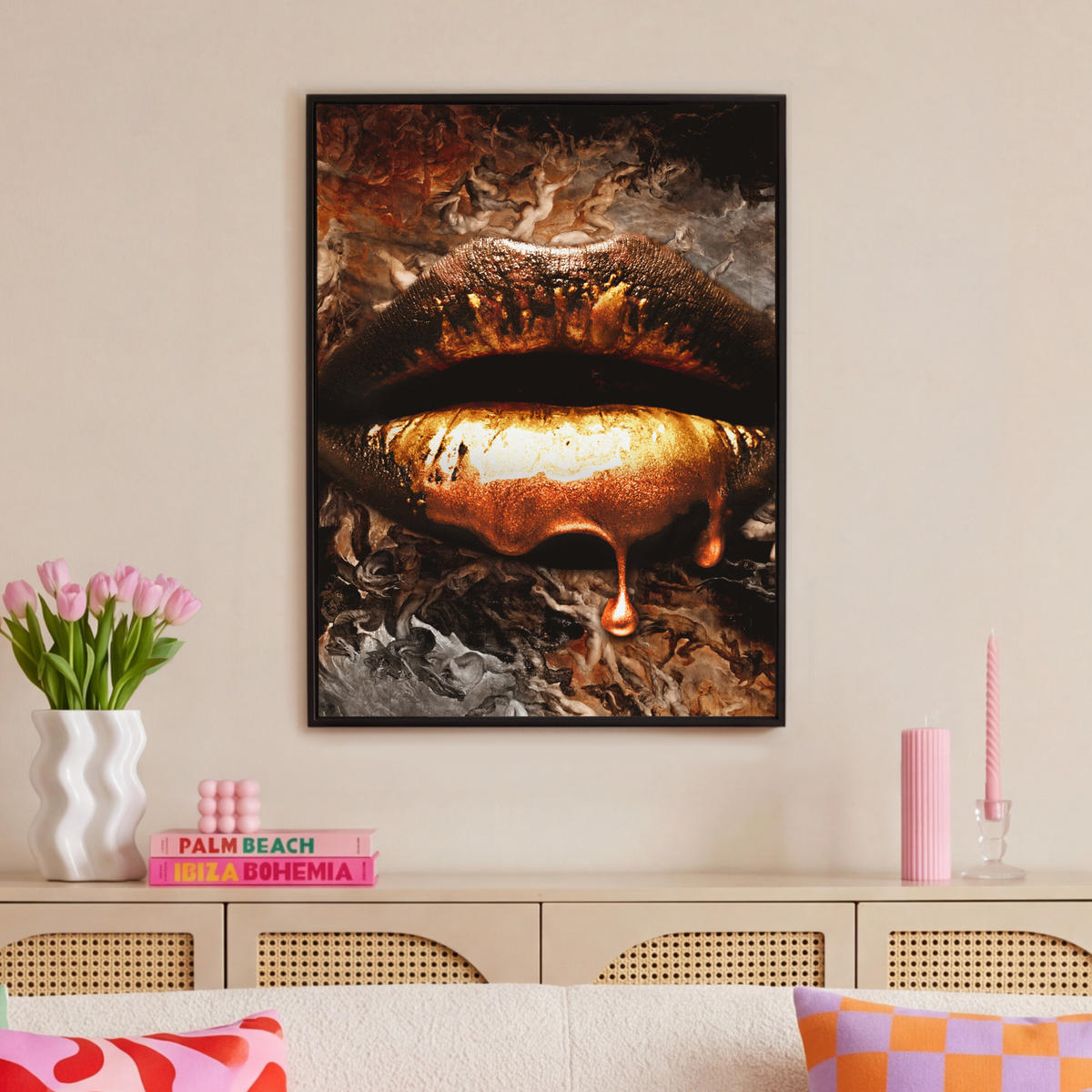 LEINWAND Bilder mit Rahmen - Gold - Lippen - Kunst - Gold - Luxus - Abstrakt - 70x100 - Kupferfarben, Textil (70/100cm) - MuchoWow