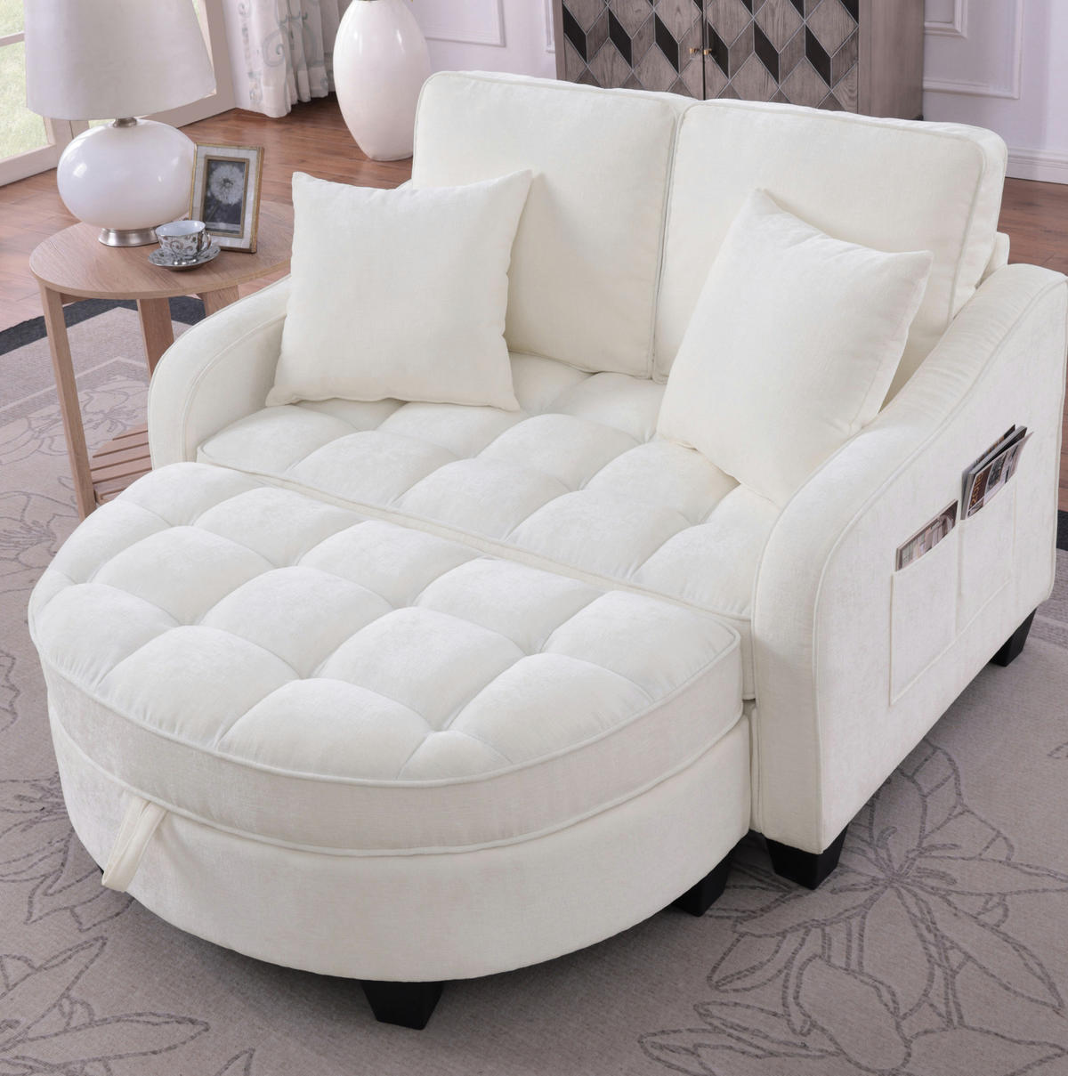 RÉCAMIERE 2-in-1 mit Hocker 132 x 129 x 93 cm Eukalyptusholz Beige - Beige, Holzwerkstoff (129/93/132cm) - Meubliv