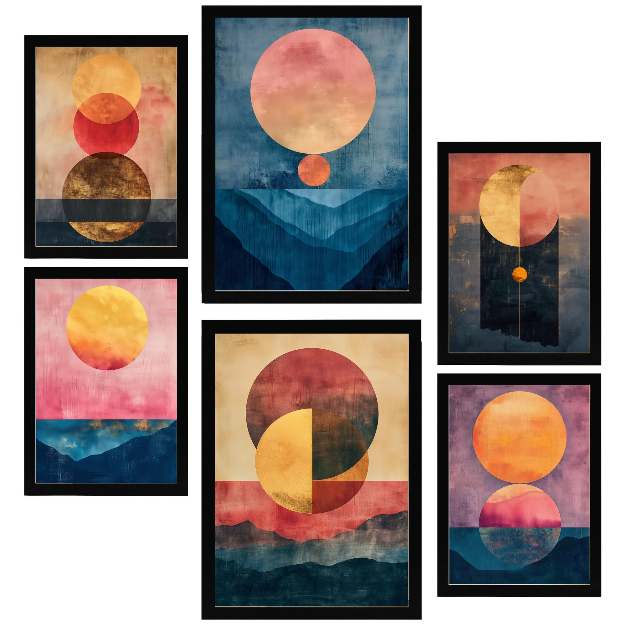 POSTER Set Mit 6 Abstrakte Goldmonde A3 & A4 Schwarzer Rahmen - Schwarz, Papier (29/3cm) - Nacnic