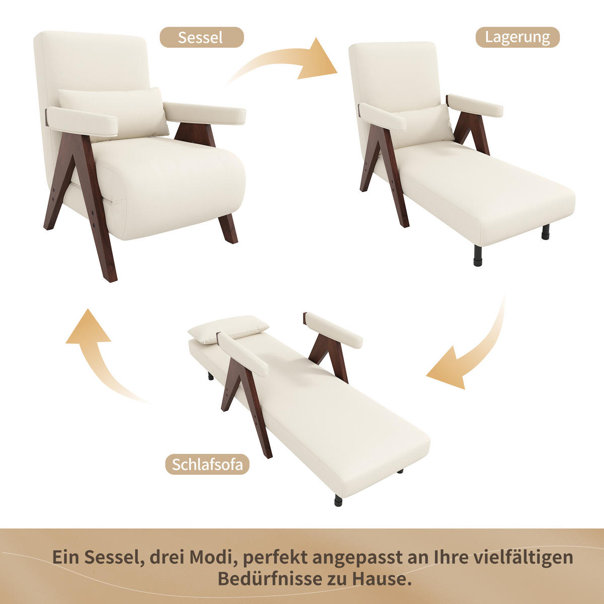 KLAPPSESSEL Leinenstoff 3-in-1 mit 6-fach verstellbarer Rückenlehne 87/64/60 cm Dunkelbraun - Dunkelbraun, Textil (87/64/60cm) - Redom