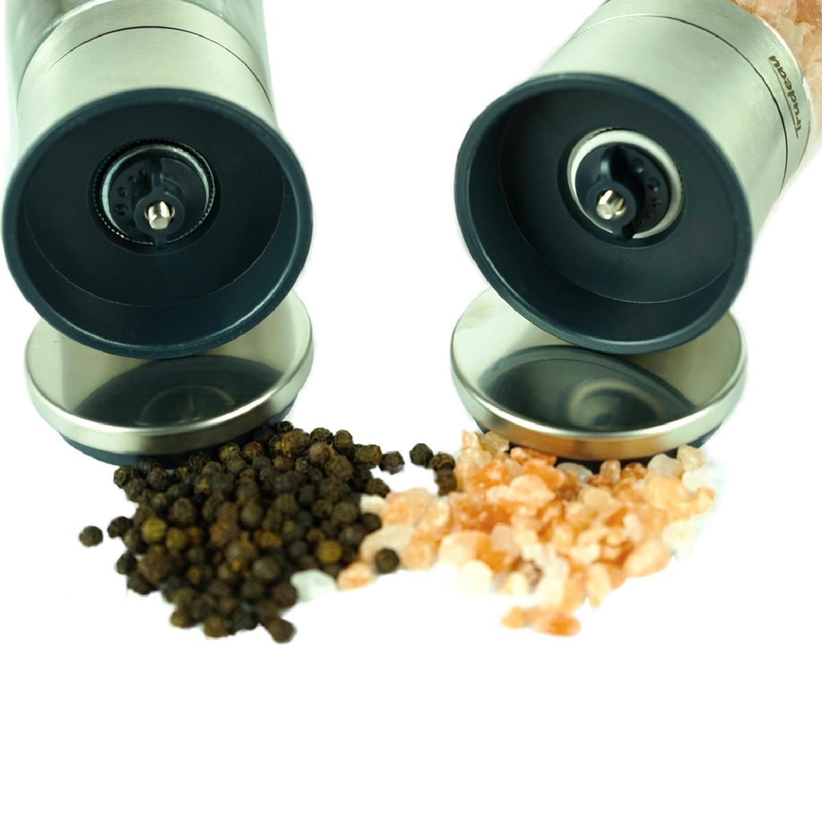 SALZ & PFEFFERMÜHLEN-SET – Trudeau – 2er Pack, Nachfüllbare Salz- & Pfeffermühle, Küchenmühle für Salz, Pfeffer & Gewürze - Transparent, Glas/Metall (23/7/6cm)