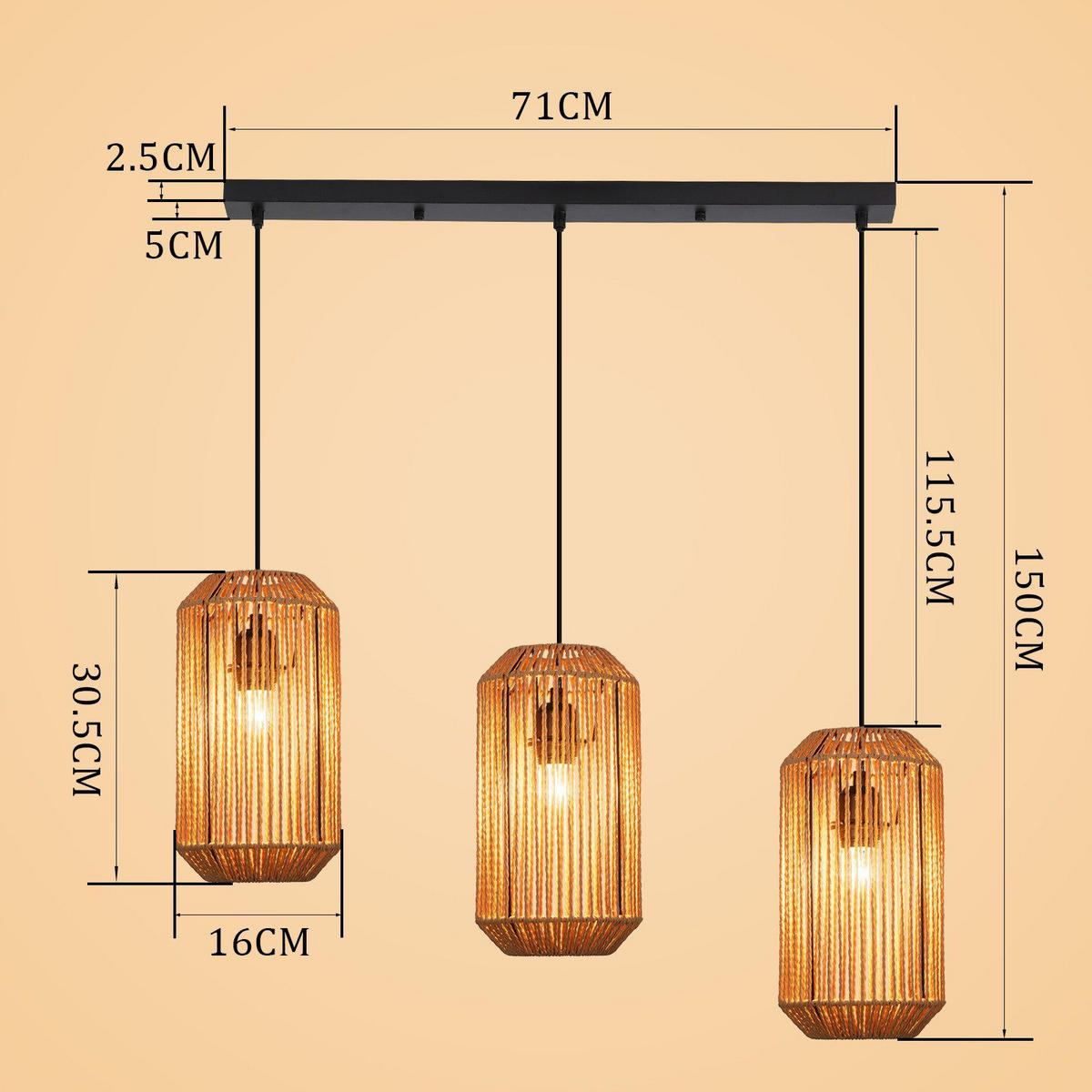PENDELLEUCHTE BERNADINE Ⅲ 71/16/150 cm - Schwarz, Metall (71/16/150cm) - Nettlife