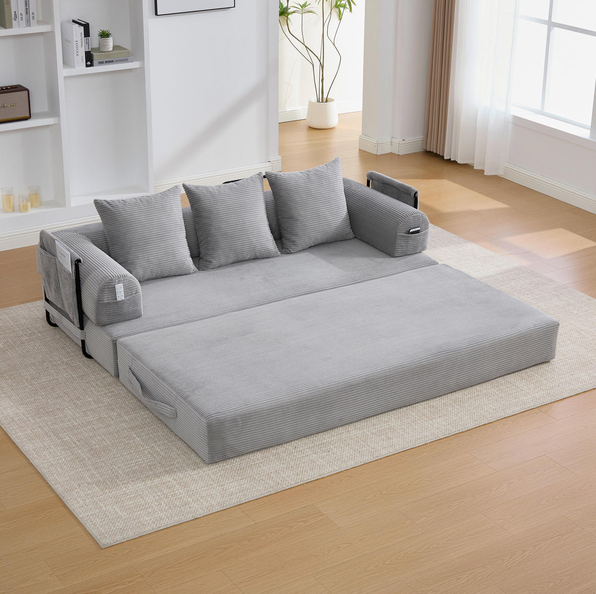 SOFA modular ca. 200 x 94 cm Corduroy Hellgrau mit 3 Kissen - Hellgrau, Kunststoff (94/67/200cm) - Meubliv