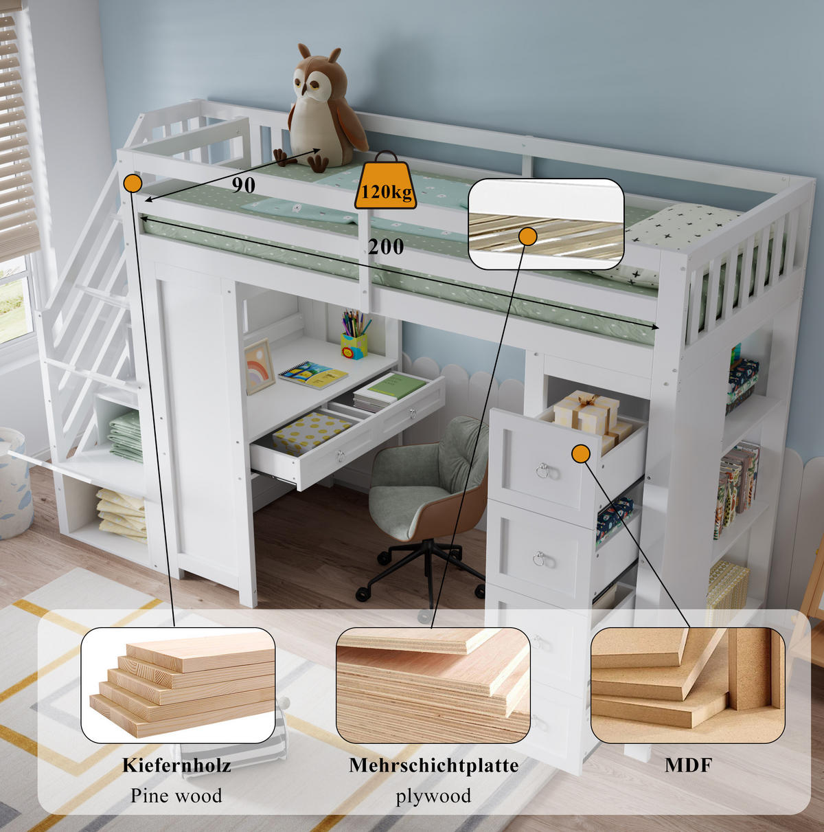 HOCHBETT mit Tisch und Stauraum 90/200 cm Weiß ohne Matratze - Weiß, Holz (90/200cm) - MIVRAY