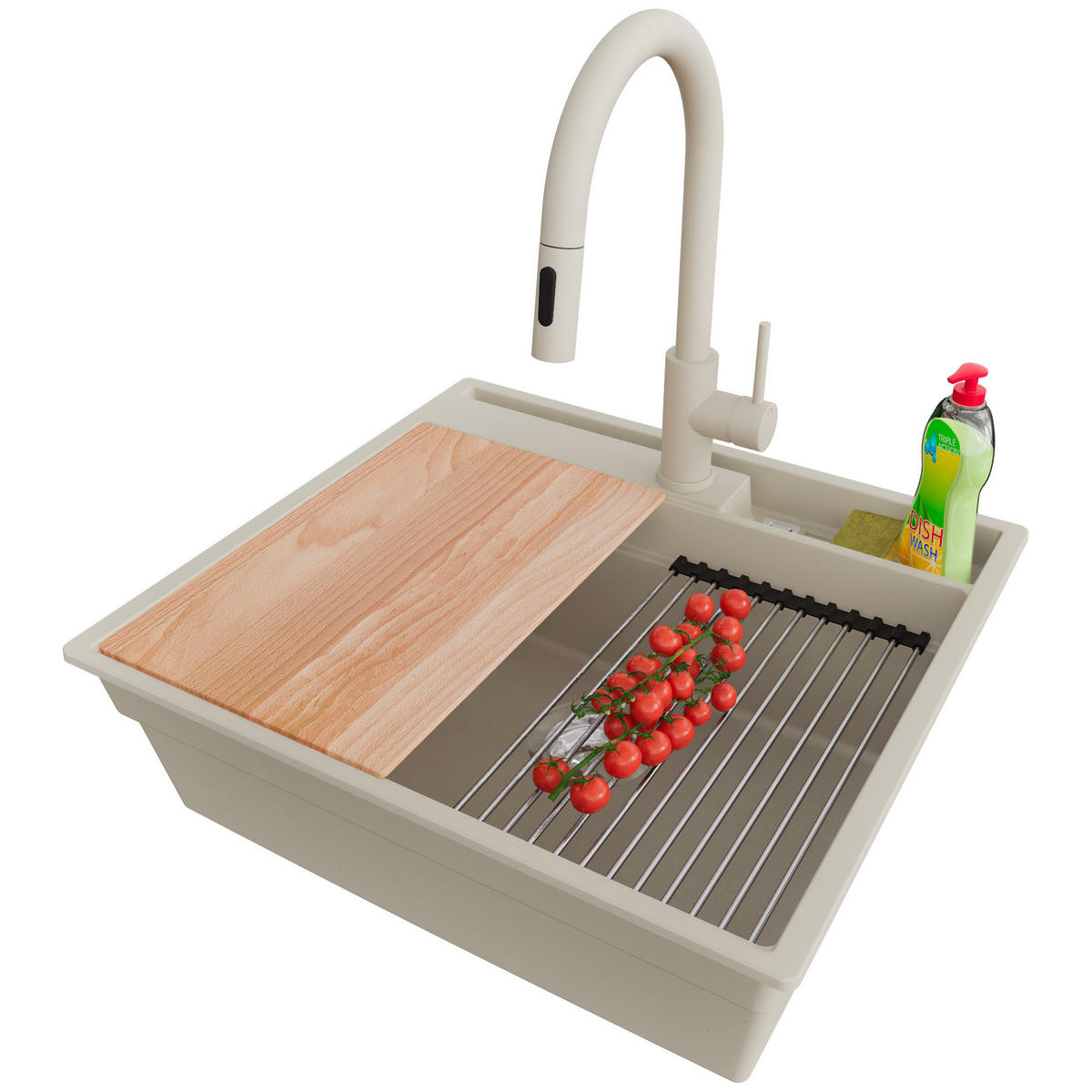 GRANITSPÜLE Oslo Pocket, 2-er set Beige 58/53 cm 1 Becken + Küchenarmatur 40/20 cm + Ablauf-Set + Küchenzubehörset ab 60er Unterschrank - Chromfarben/Beige, Kunststoff (58/20/53cm) - Primagran