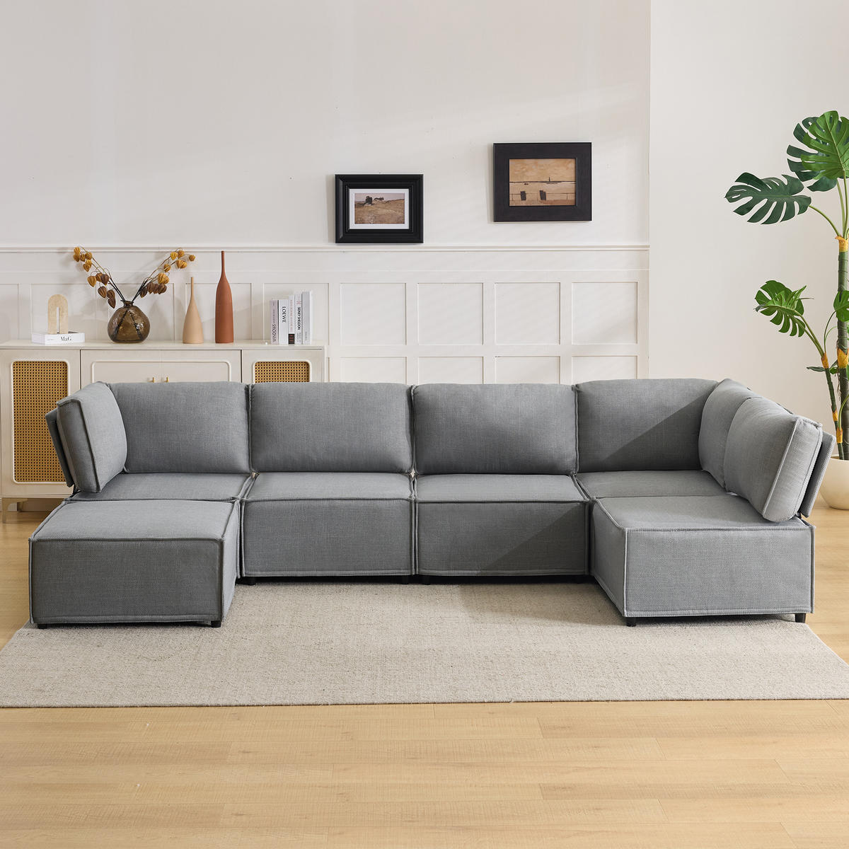 WOHNLANDSCHAFT Leinen Hellgrau mit Schlaffunktion - Hellgrau, Holzwerkstoff/Textil (308/77/152cm) - WISHDOR