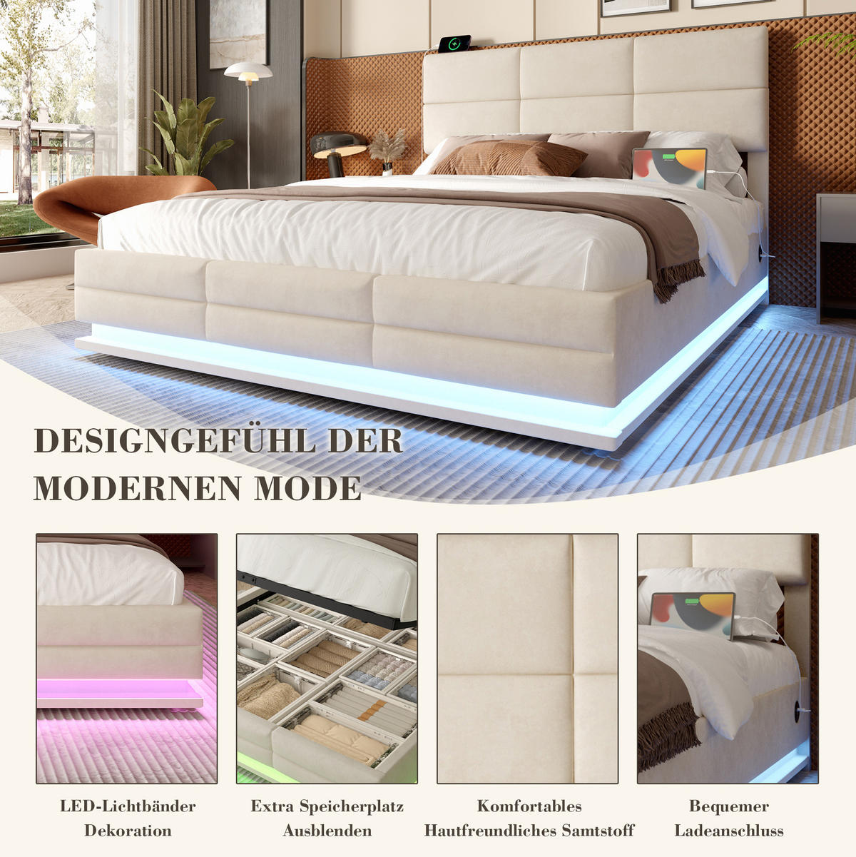 POLSTERBETT 160/200 cm mit LED-Beleuchtung, USB-Anschlüssen, hydraulischem Bettkasten und verstellbarem Kopfteil, Beige - Beige, Textil (160/200cm) - Redom
