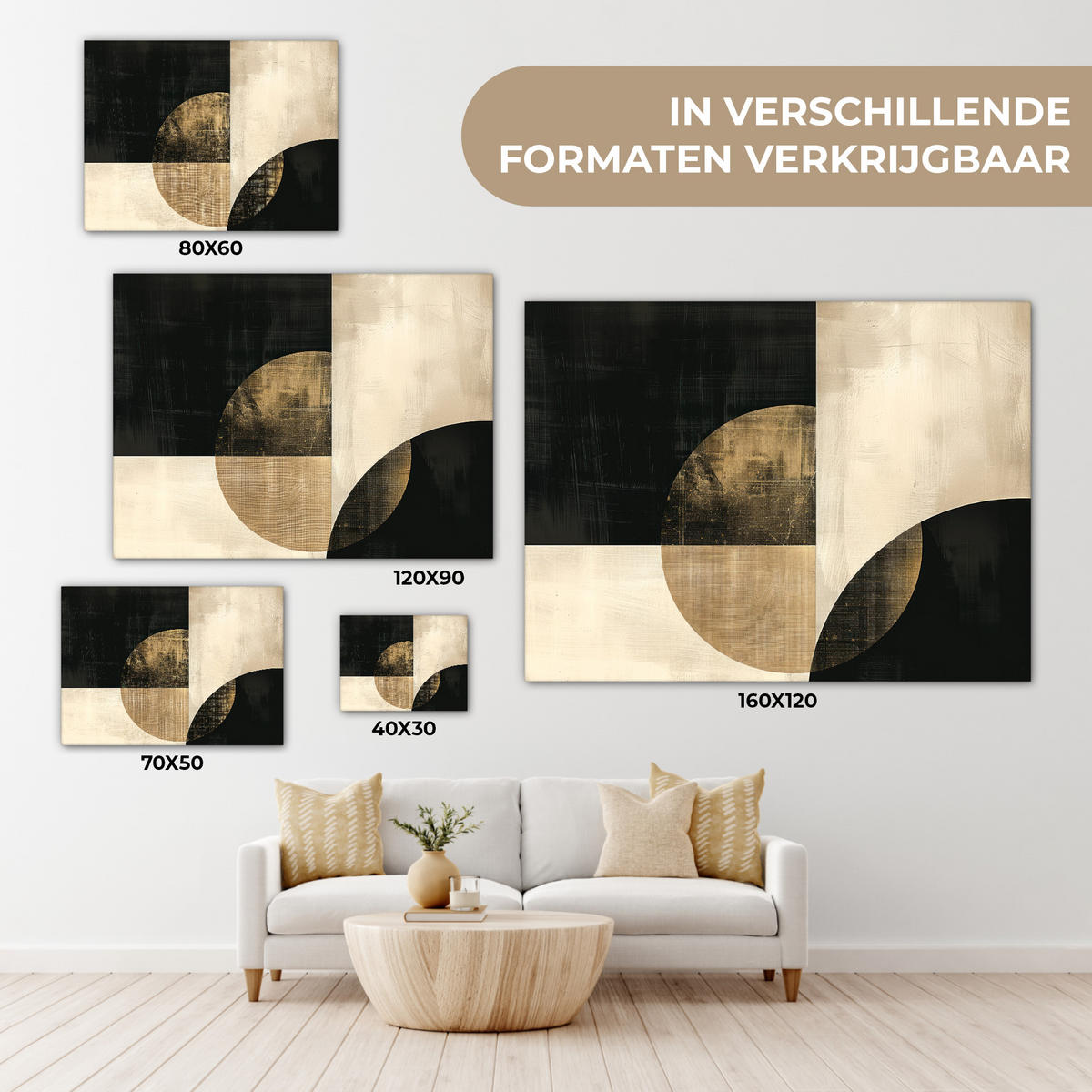 LEINWANDBILD Abstrakt - Geometrische Formen - Schwarz - Gold Wandbild 40x30 cm - Ecru, Textil (40/30cm) - MuchoWow