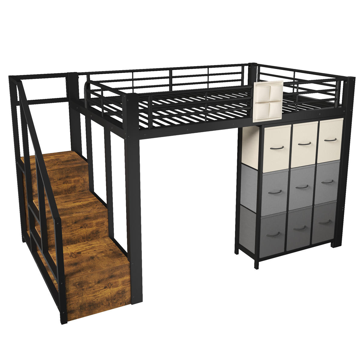 HOCHBETT 140/200 cm mit Schubladen, Kleiderstange, Stauraumtreppe und Geländer, aus Metall und MDF, Schwarz/Weiß - Schwarz, Holzwerkstoff (140/200cm) - Redom