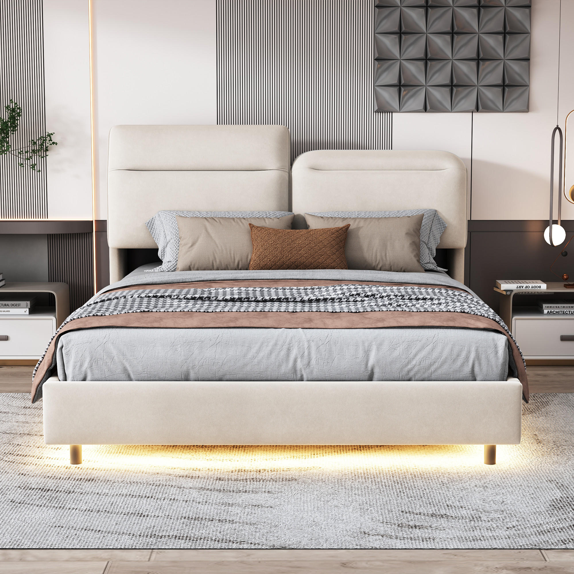 POLSTERBETT 160x200 cm, Beige, Doppelbett mit Stauraum & LED-Beleuchtung - Beige, Textil/Metall (160/200cm)