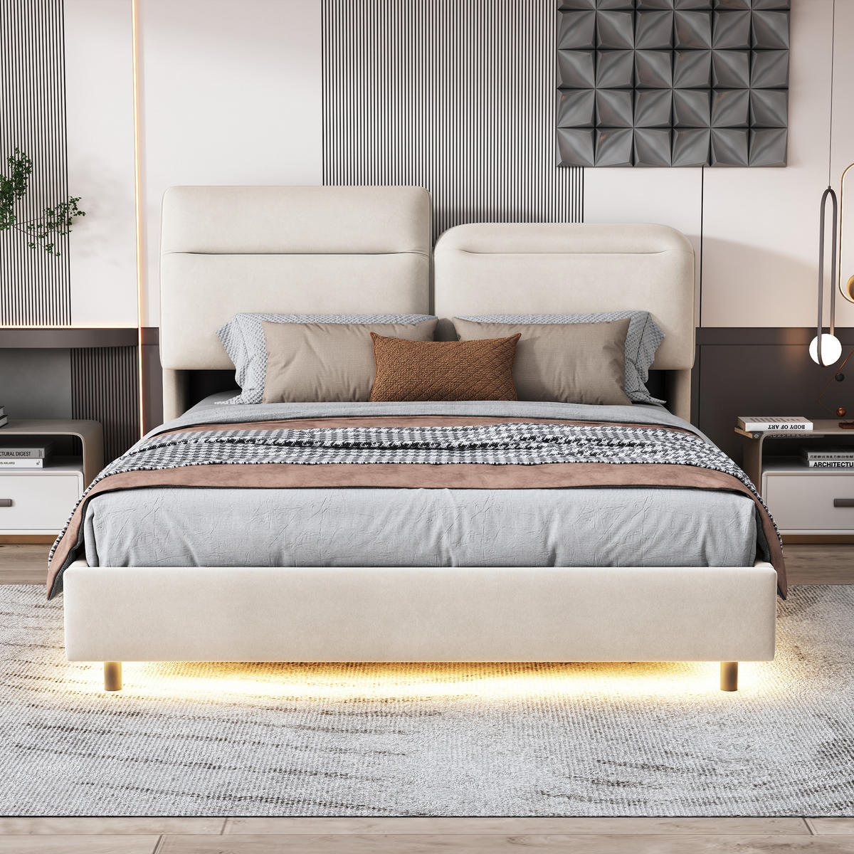 POLSTERBETT 160x200 cm, Beige, Doppelbett mit Stauraum & LED-Beleuchtung - Beige, Textil/Metall (160/200cm)