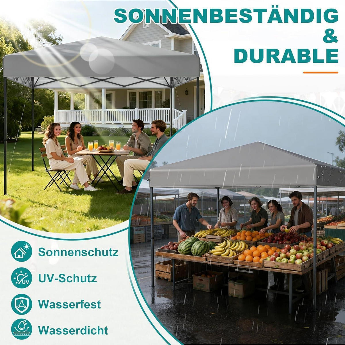 FALTPAVILLON 300 x 300 cm Silbergrau mit One-Touch Lift - Grau, Textil (300/260/300cm)