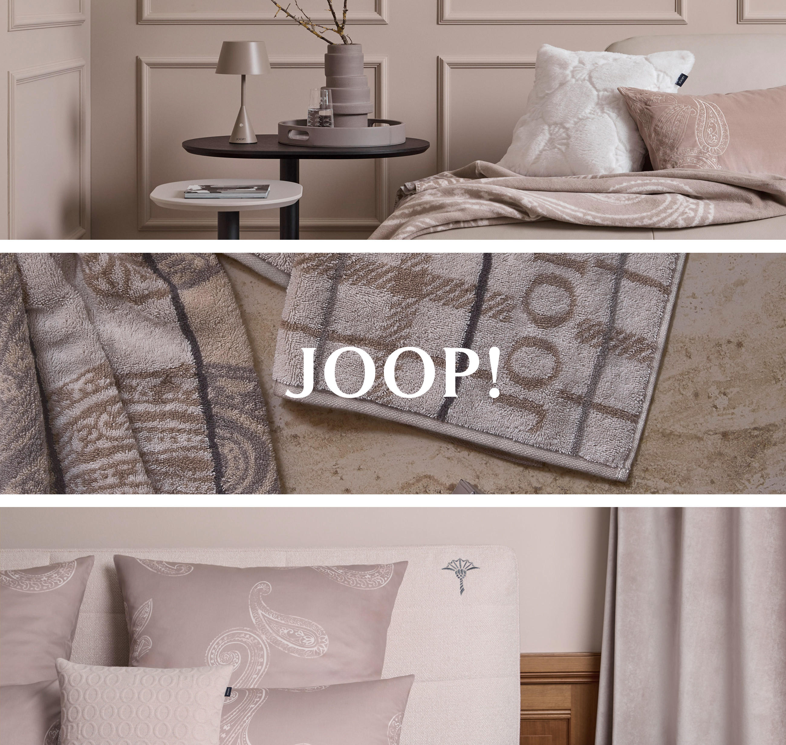 Drei stilvolle Wohnraumbilder mit Textilien der Kollektion Westminster Shadows von JOOP! Living. Das Markenlogo ist auf dem mittleren Image platziert.