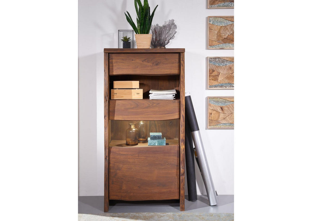 VITRINE Akazie 71x45x147 braun lackiert PURE ACACIA #210 - Braun, Holz (71/147/45cm) - Massivmoebel24