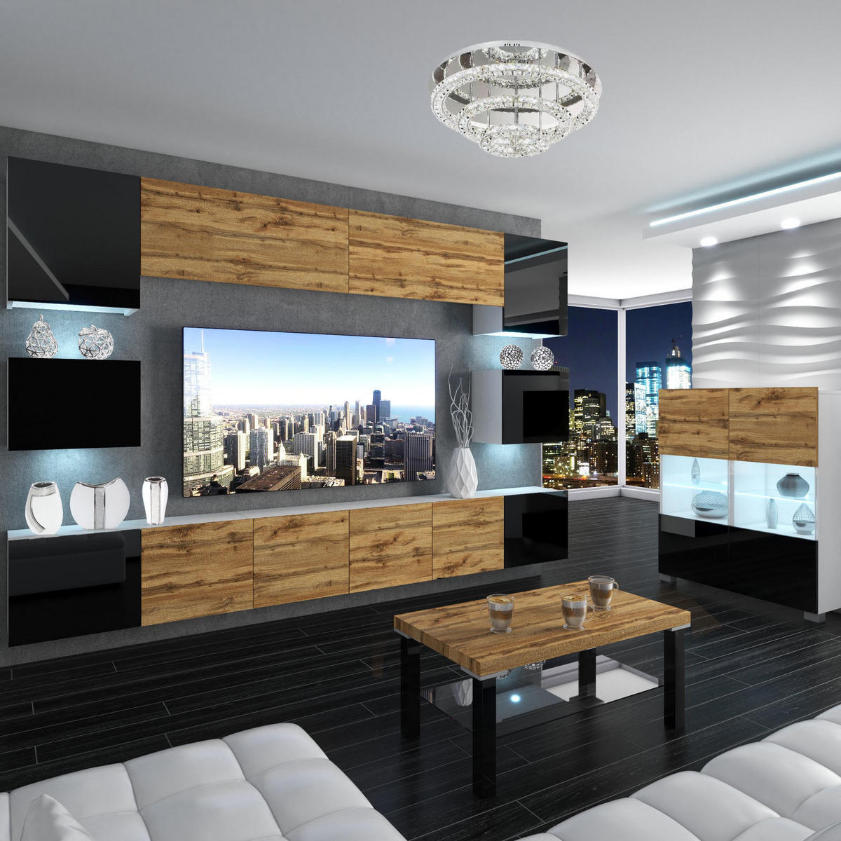 WOHNZIMMERWAND mit LED-Beleuchtung TV-Schrank Schwarz/Wotan Eiche Top - Eiche Wotan/Schwarz, Holz (300/180/36cm) - B BELINI GROUP