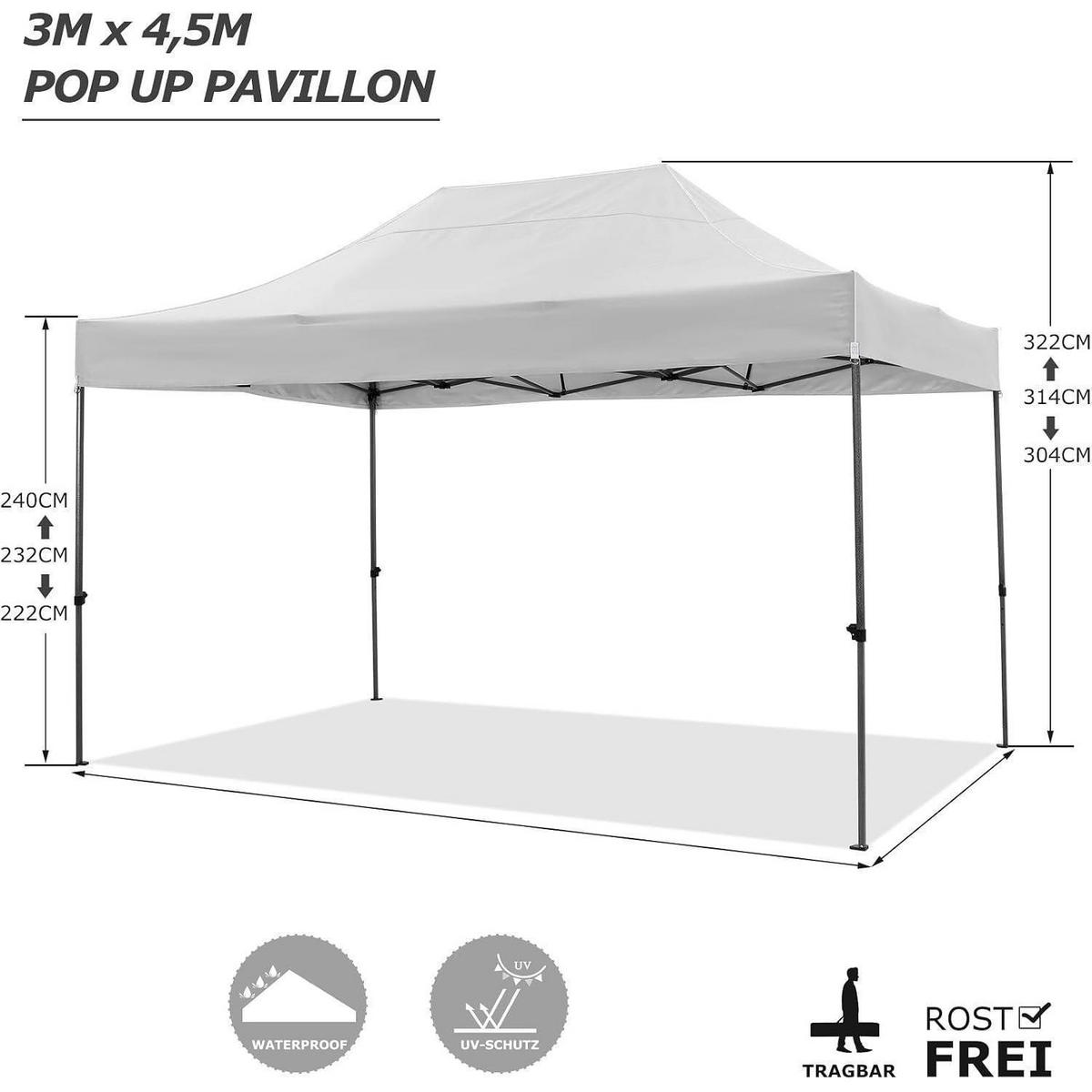 FALTPAVILLON 3 x 4,5 m Weiß Wasserdicht mit 4 Seitenwänden - Weiß, Textil (300/322/450cm)