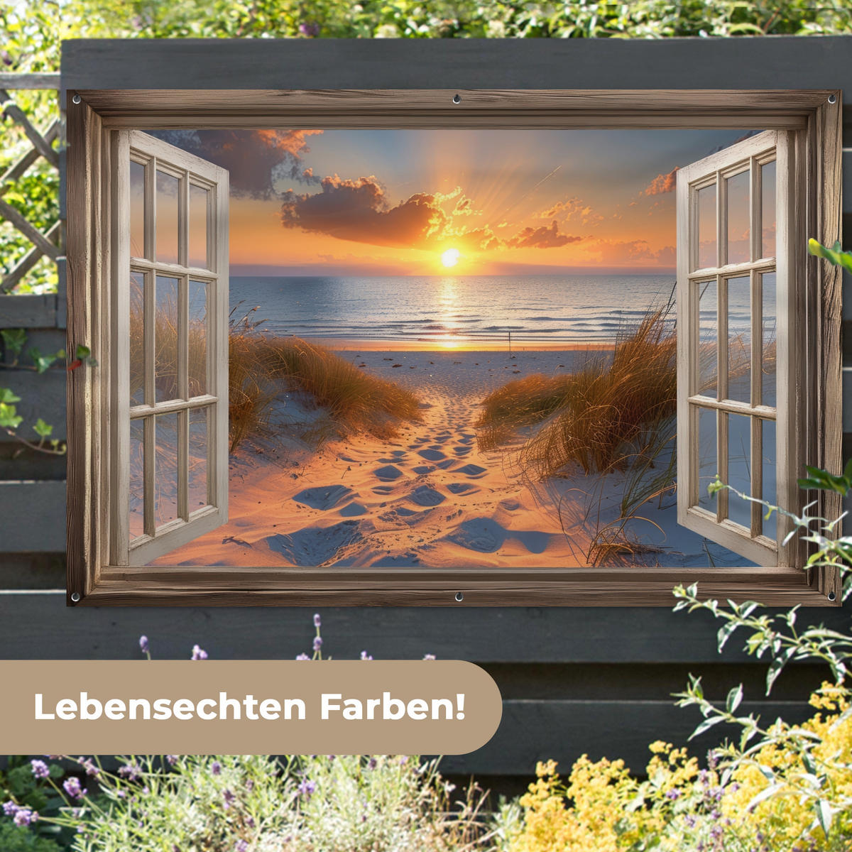 GARTENPOSTER Durchblick - Strand - Dünen - Sonnenuntergang 180x120 cm - Orange, Kunststoff (180/120/0.2cm) - OnlyWow