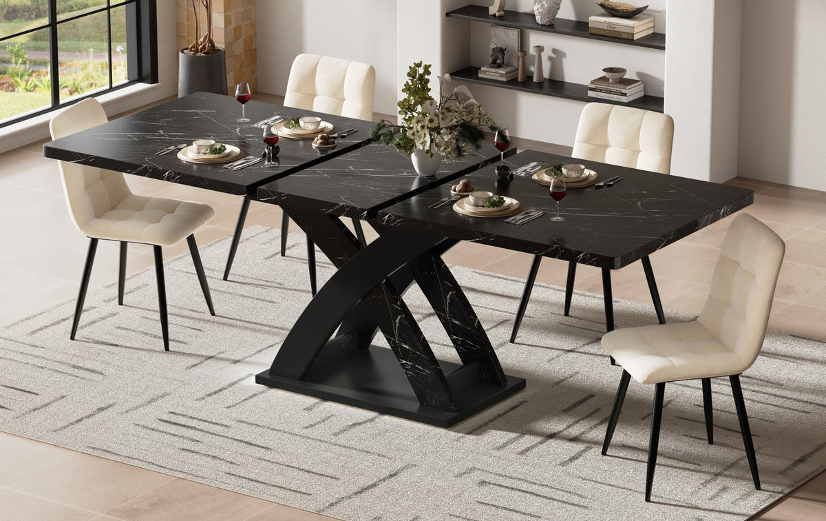 ESSTISCH 120-160x80x75 cm in Schwarz aus MDF auf X-Gestell aus Metall ausziehbar - Schwarz, Holzwerkstoff (160/80/75cm) - Modfu