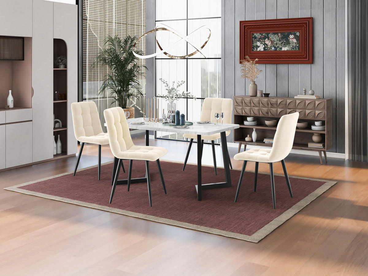 ESSGRUPPE 5-teilig mit rechteckigem Esstisch und vier beigen Samtstühlen als modernes Küchen-Essset, weiß-beige - Beige, Holzwerkstoff (68/75/117cm) - Luhomfu