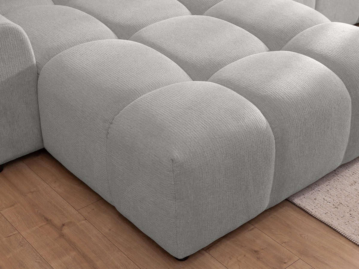 ECKSOFA inkl. Hocker Bubble mit Schlaffunktion und losen Rückenkissen, Sitzfläche in Bubble-Optik aus weichem Hellgrau Strukturstoff - Ottomane Links - Hellgrau/Schwarz, Holz/Kunststoff (180/306cm) - S-Style Möbel