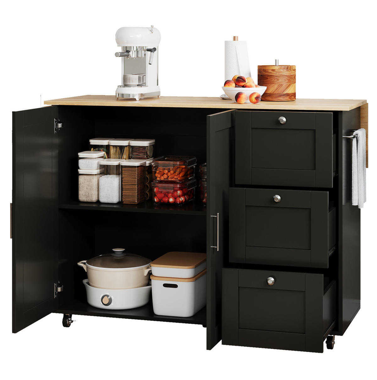 KÜCHENWAGEN 135/44(70)/90 cm in Schwarz/Natur mit Klappplatte und 3 Schubladen - Schwarz, Holzwerkstoff (135/90/44cm) - Flora Grace