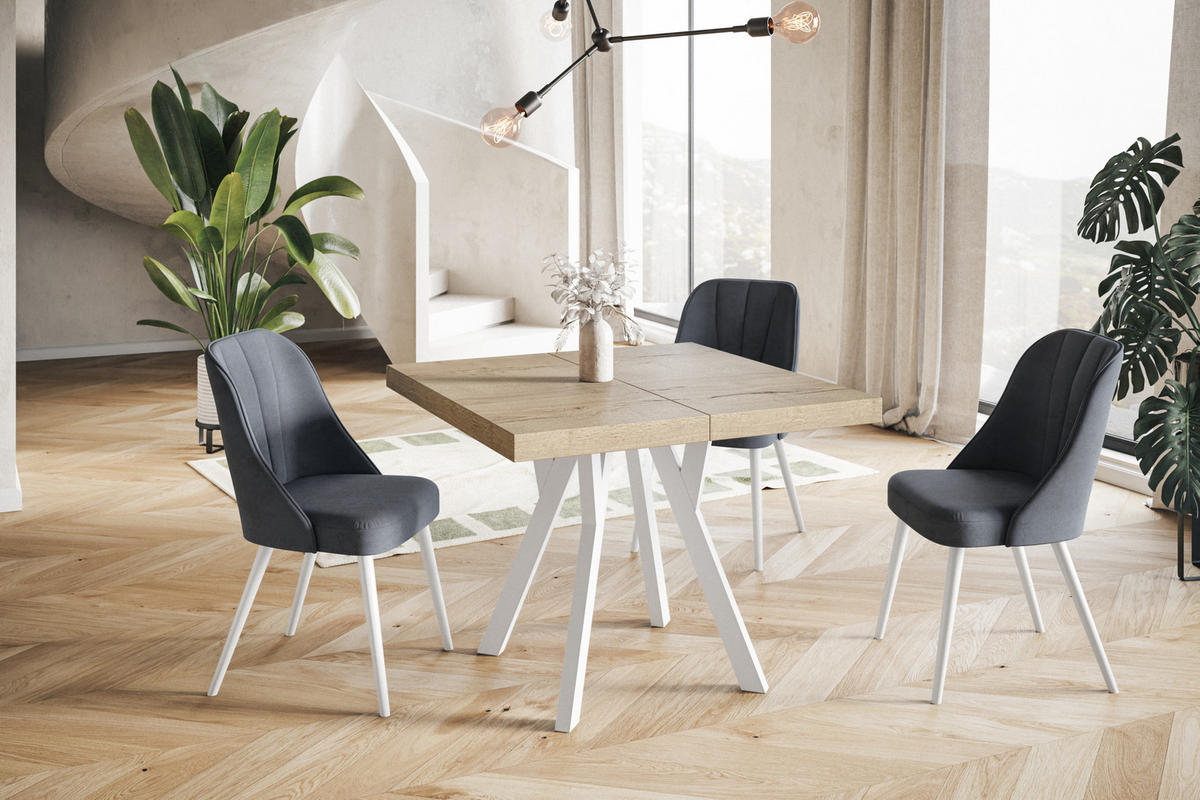 ESSZIMMERTISCH RICO, ausziehbarer Tisch120-220X120X77 cm, Farbe: HALIFAX, mit Holzbeinen in Farbe Weiß - Weiß/Naturfarben, Holzwerkstoff (120/120/77cm) - Alpi-Möbel