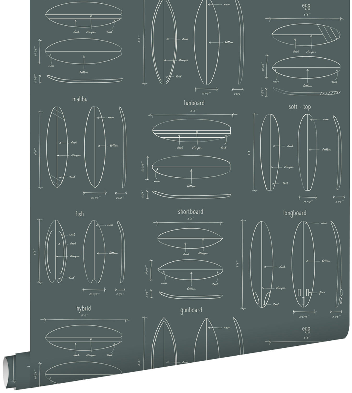 TAPETE technische Zeichnungen von Surfbrettern 53 cm x 10.05 m - Grün, Papier (53/1000cm) - ESTAhome