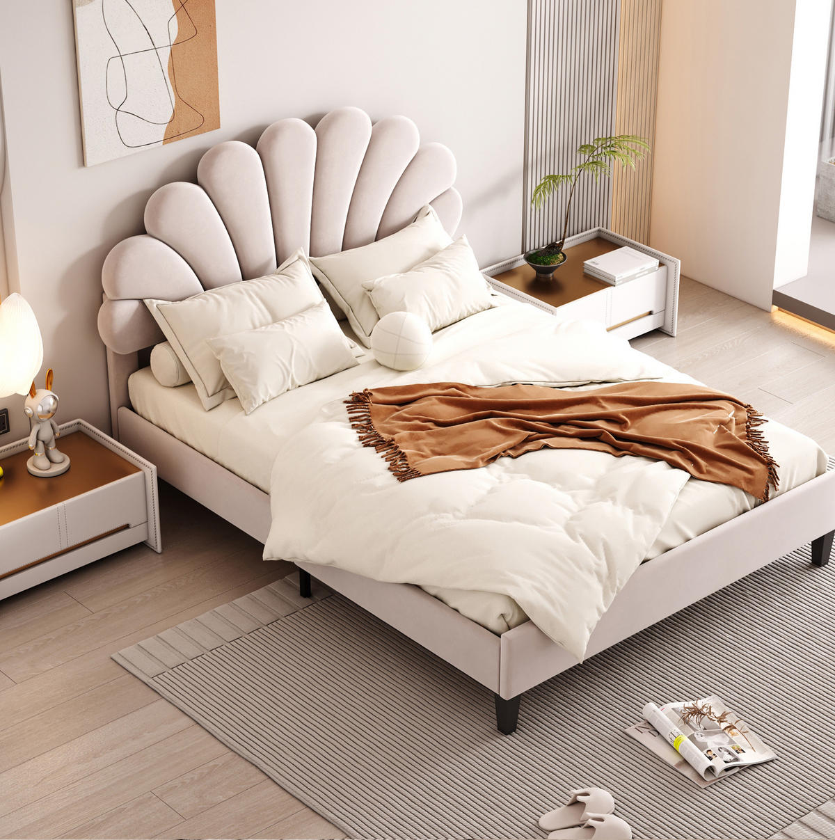 POLSTERBETT mit Blumen-Kopfteil 140x200 cm Samt Beige - Beige, Metall (140/200cm) - Meubliv