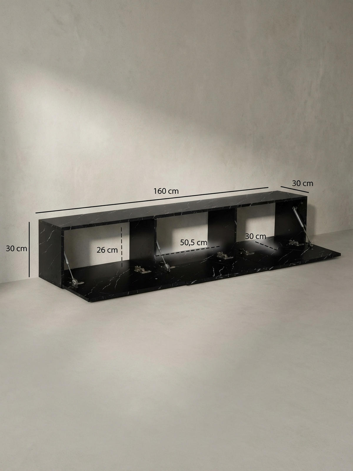TV-LOWBOARD hängend groß, Marmor-Optik, Klapptüren, modern, Schwarz 160x30x30 cm - Schwarz, Metall (160/30/30cm) - KADIMA DESIGN