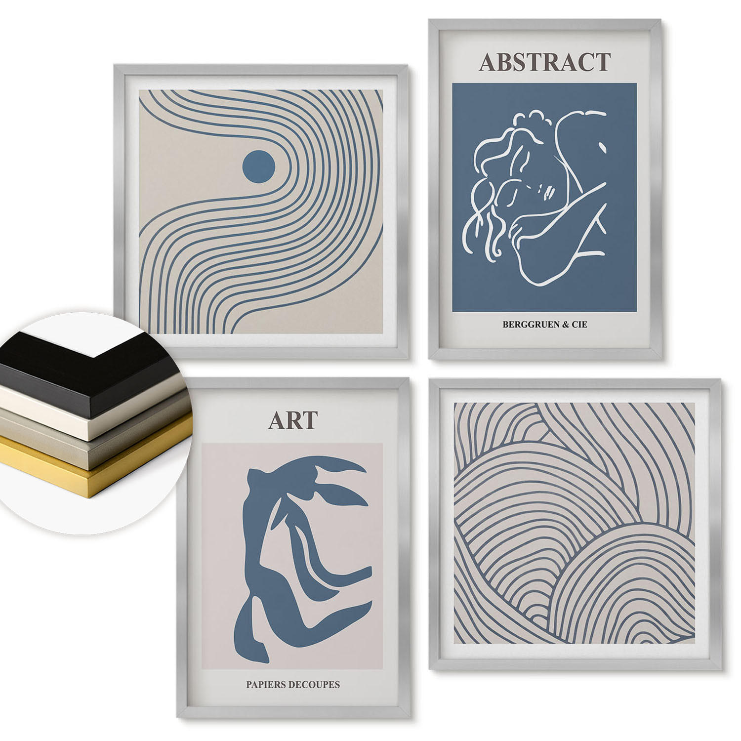 WANDBILDER 4er Set - 50x50 cm & 40x60 cm Silberner Rahmen - Poster mit abstrakten Linien und Wellen - Silberfarben, Kunststoff (50/50cm) - ArtPrintCave