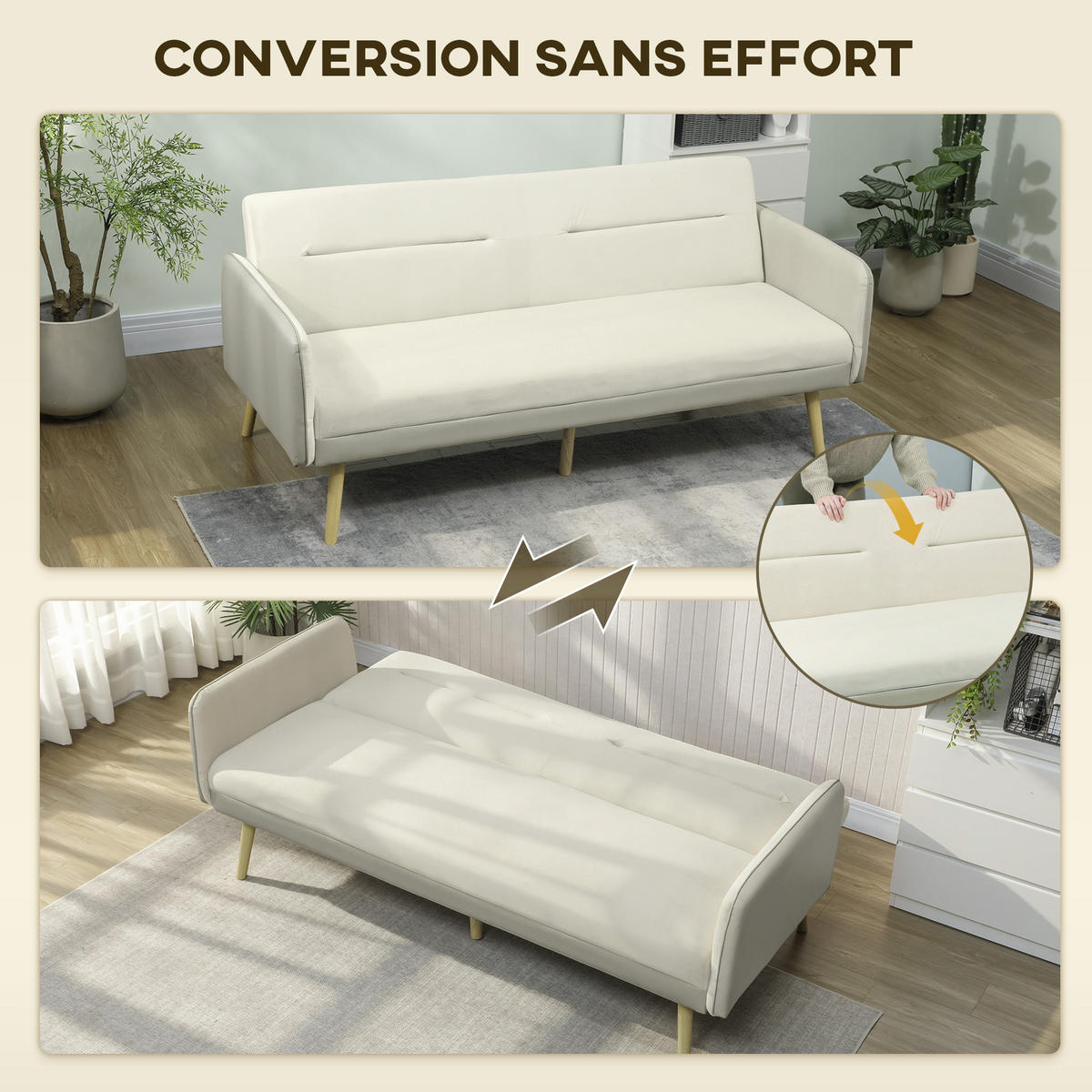 SCHLAFSOFA DE-13497 3-in-1, Klick-Klack-Mechanismus Beige - Beige, Textil (185/83/84cm) - ComfortXL