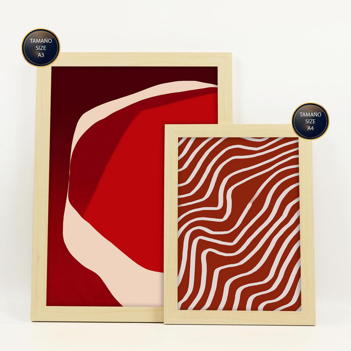 POSTER Set Mit 6 Rote Steine In Form Abstracts Ästhetische Dekorative Gemälde Für Ihr Wohnzimmer, Schlafzimmer, Zuhause A3 & A4 Rahmen Aus Hellem Holz - Beige, Papier (29/3cm) - Nacnic